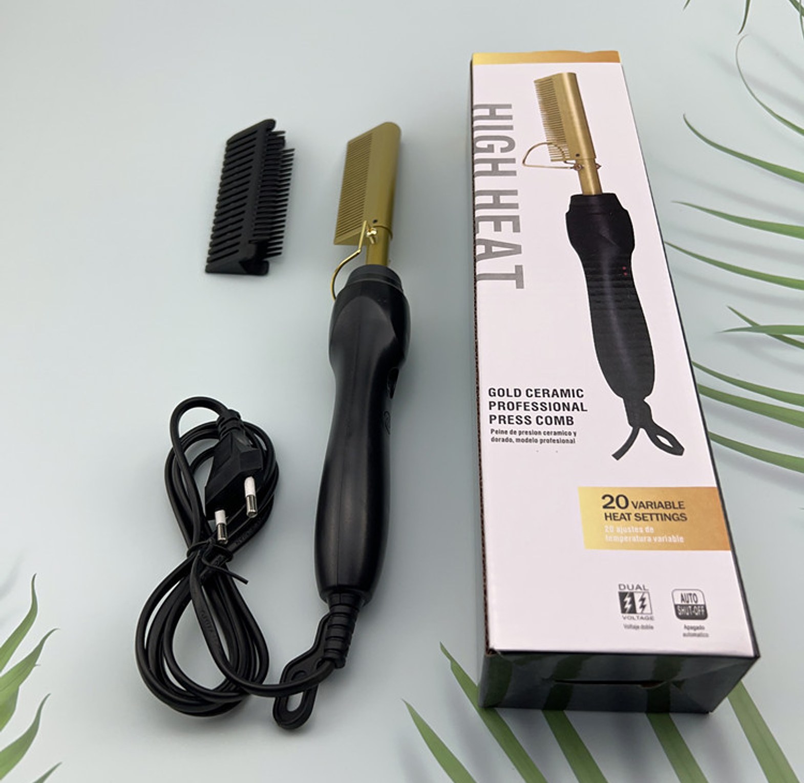 Professional Gold Ceramic Electric Hot Comb 450°F Hair Straightener for 4C Natural Hair – Premium Silk Press Machine image