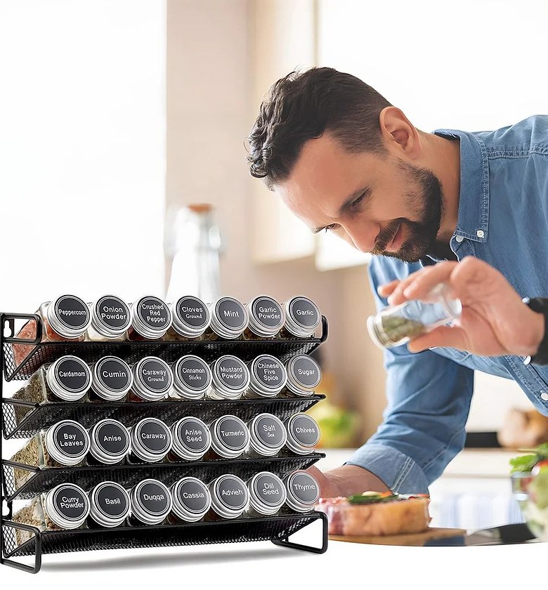 4-Tier Metal Spice Rack with 28 Glass Bottles, Labels & Pen – Durable Kitchen Organizer image