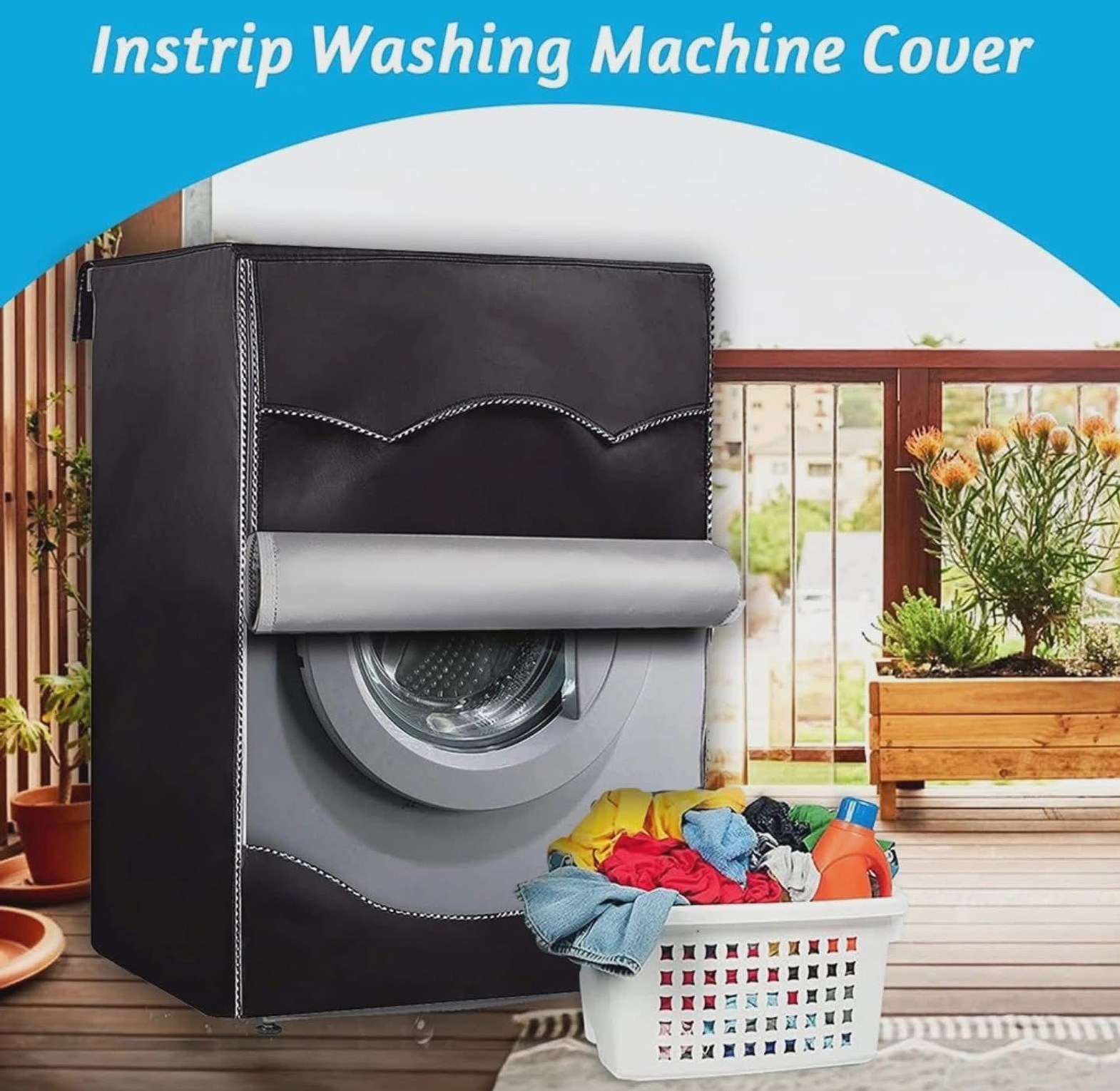 Black front load washing machine cover, sunproof and waterproof, size 85×65×60 cm, no zipper. image