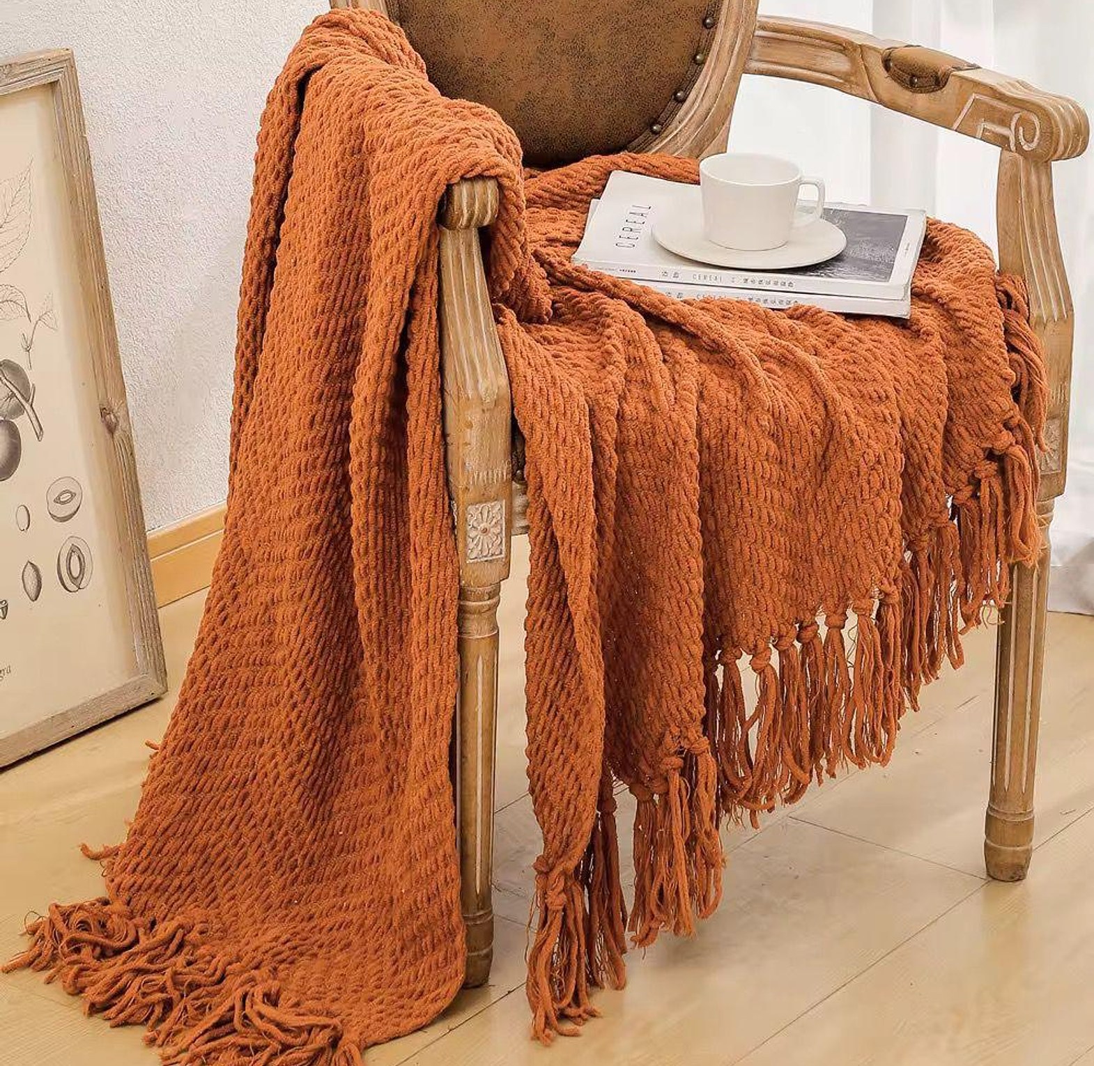 Textured knitted heavy throw blanket with tassels                                                                                    image