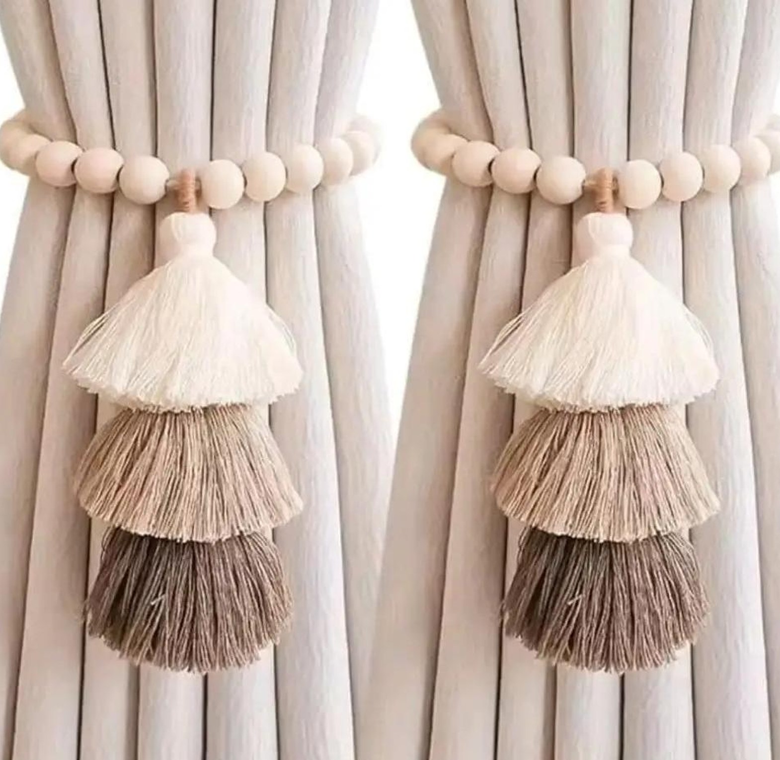 Magnetic curtain tie backs with wooden beads and tassel  2 pcs image