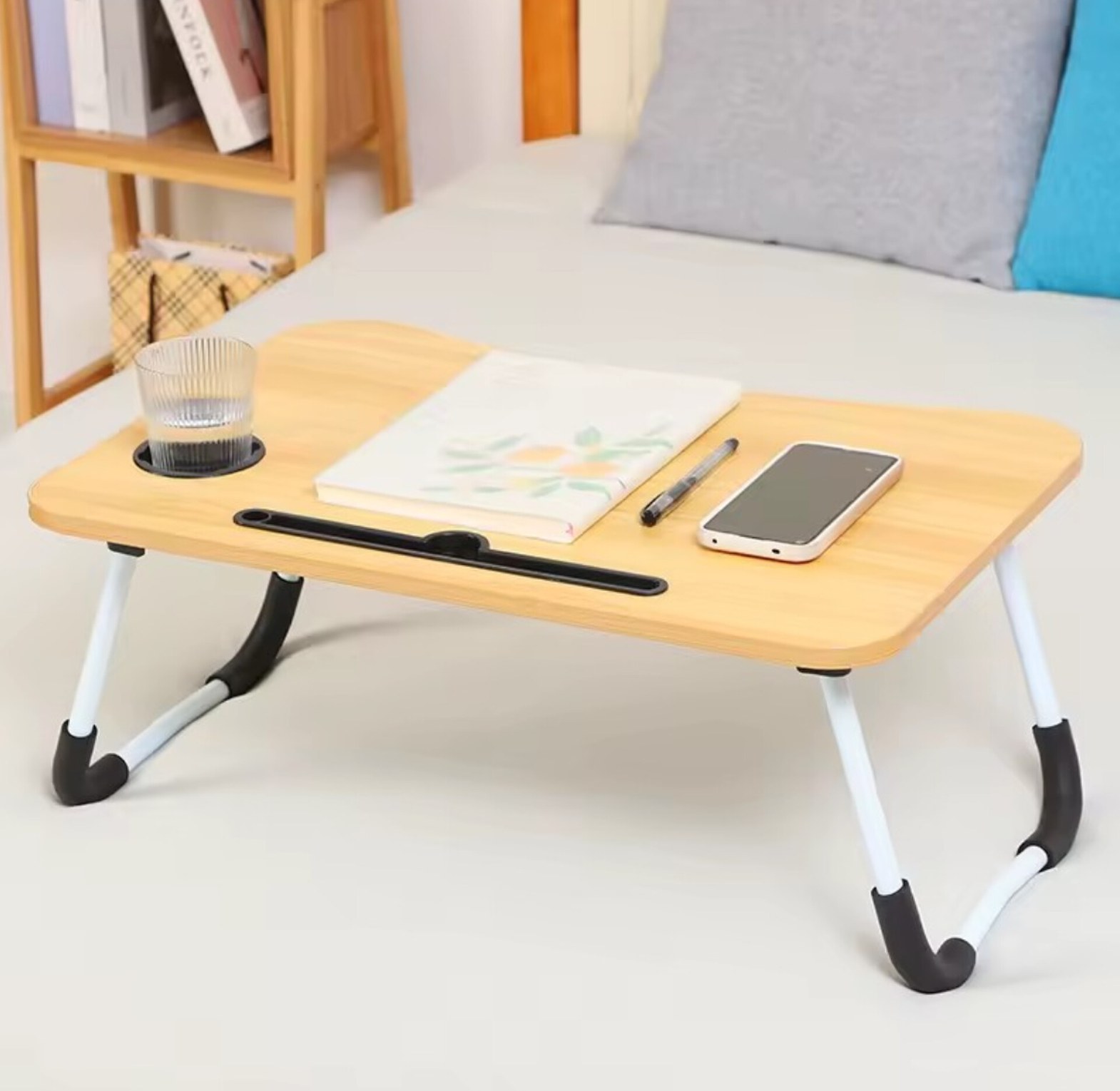Universal Foldable Laptop Bed Table with Cup Holder & Tablet Slot for Home Office & Students - Ergonomic Portable Study Desk image