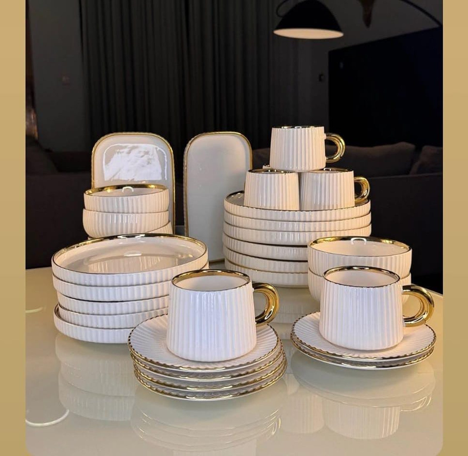 Elegant 32-Piece European Porcelain Fluted Dinnerware Set with Gold Rimming image