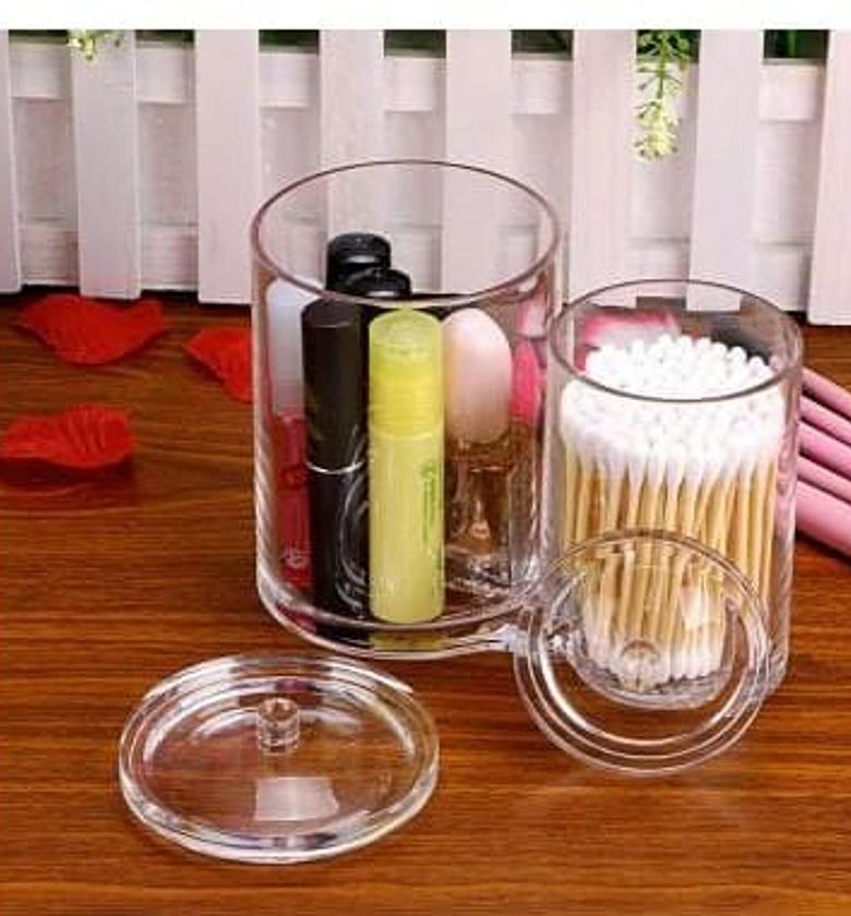 2-in-1 Clear Acrylic Makeup Organizer & Cotton Bud Holder with Lid for Vanity Storage – Dustproof Cosmetic Dispenser image