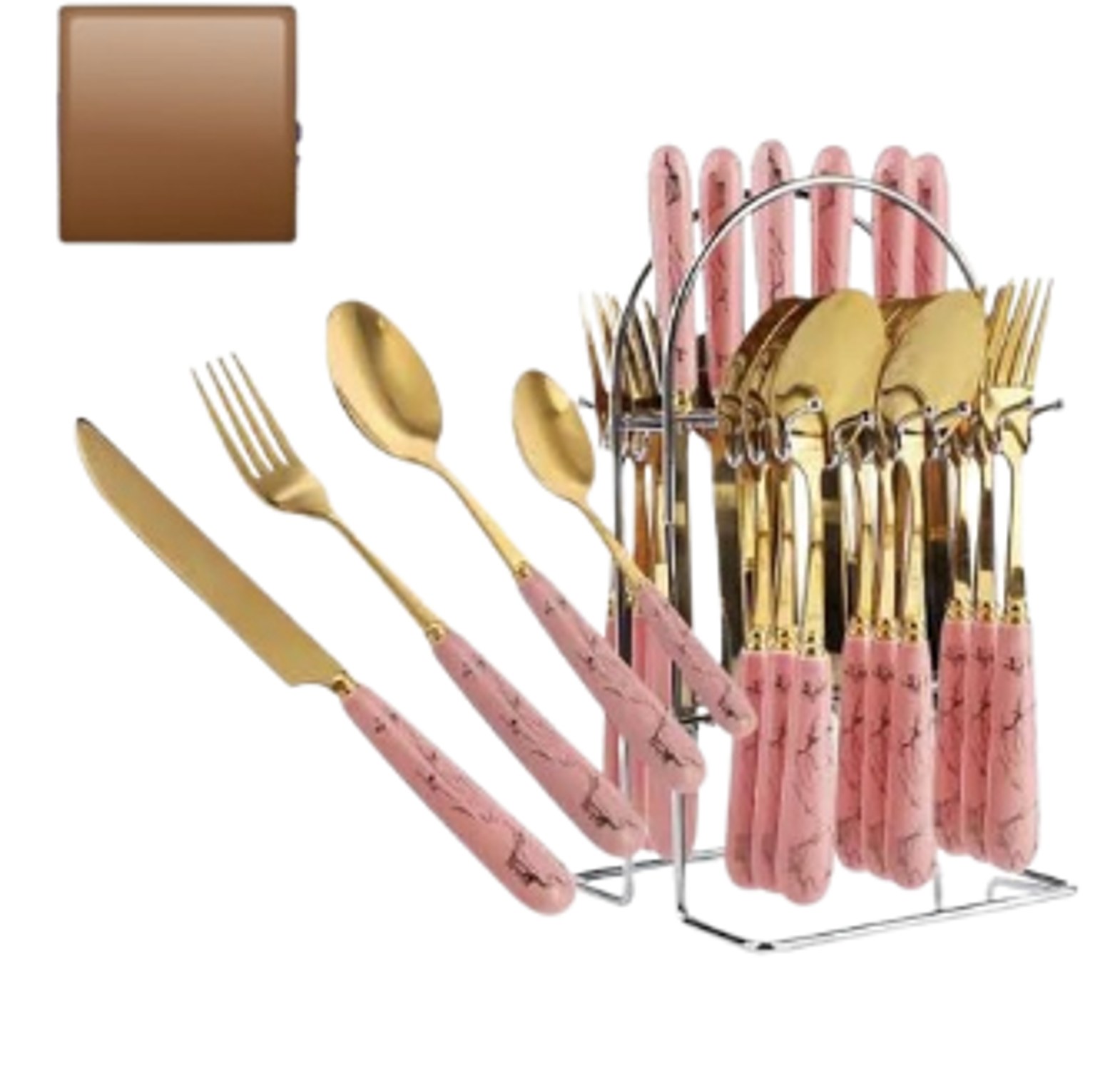  Spoons. 24-Piece Gold Stainless Steel Flatware Set with Pink/Green Ceramic Handles and Storage Stand.  image