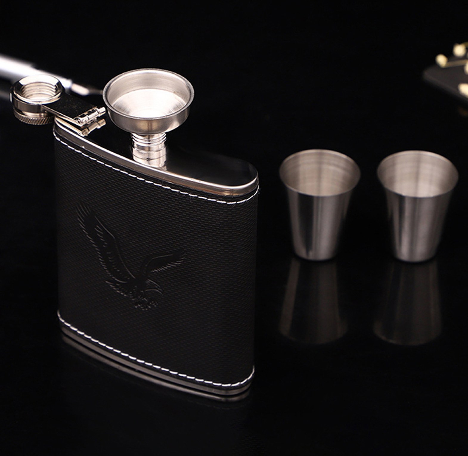 Whiskey Hip Flask Leather Set With Funnel and Tot Cups image