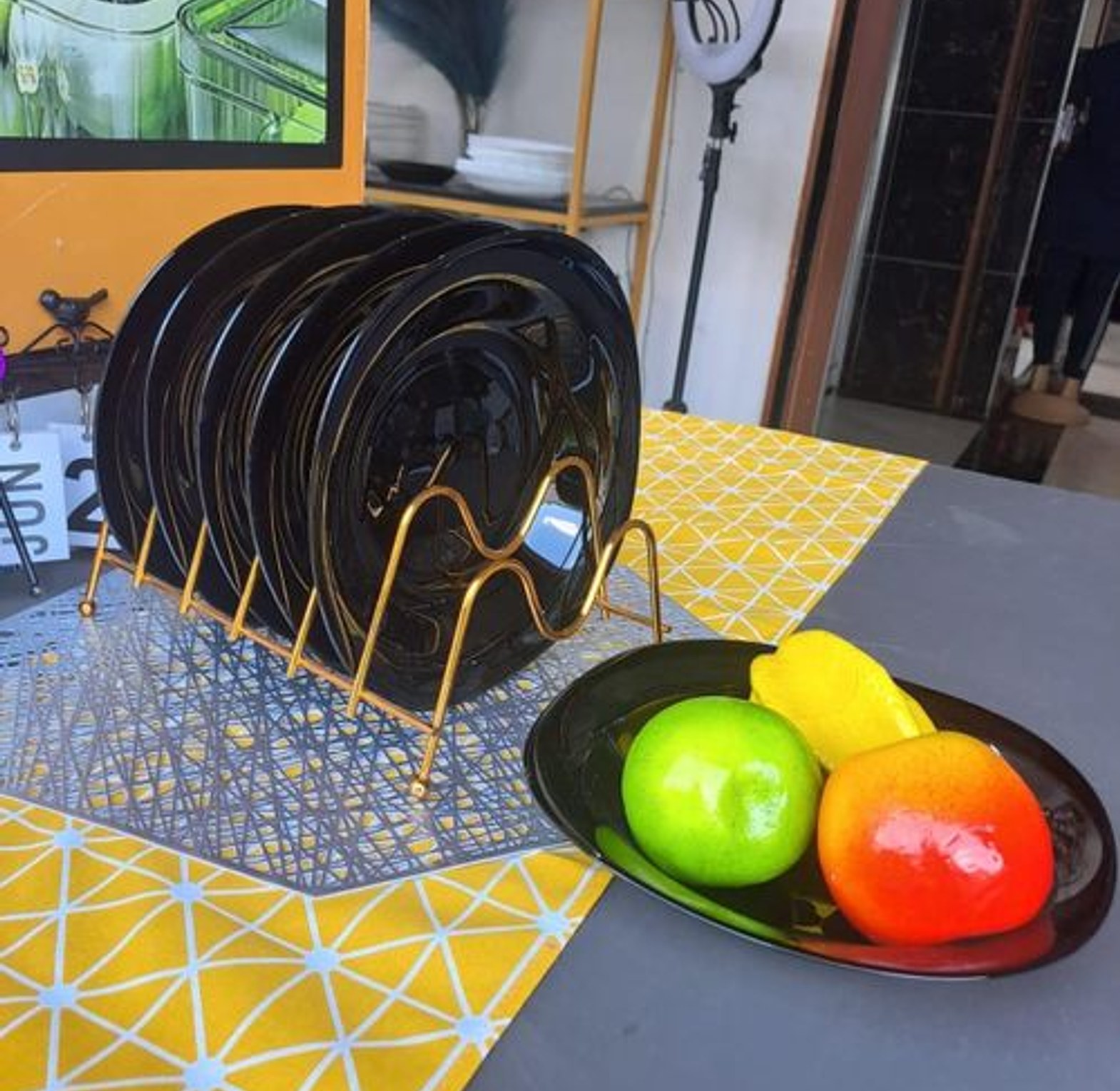 Plates. Ceramic 11" black square dinner plates 6pcs come  with a free plates stand image