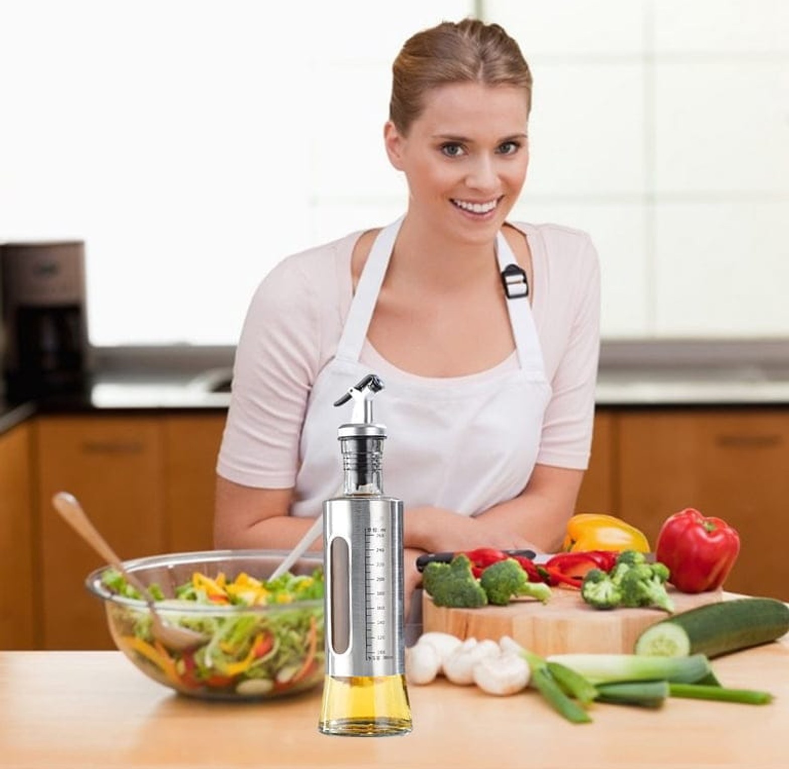 Glass Oil Dispenser with Measurement Scale 300ml Stainless Steel Kitchen Oil Control Pot for Healthy Cooking image