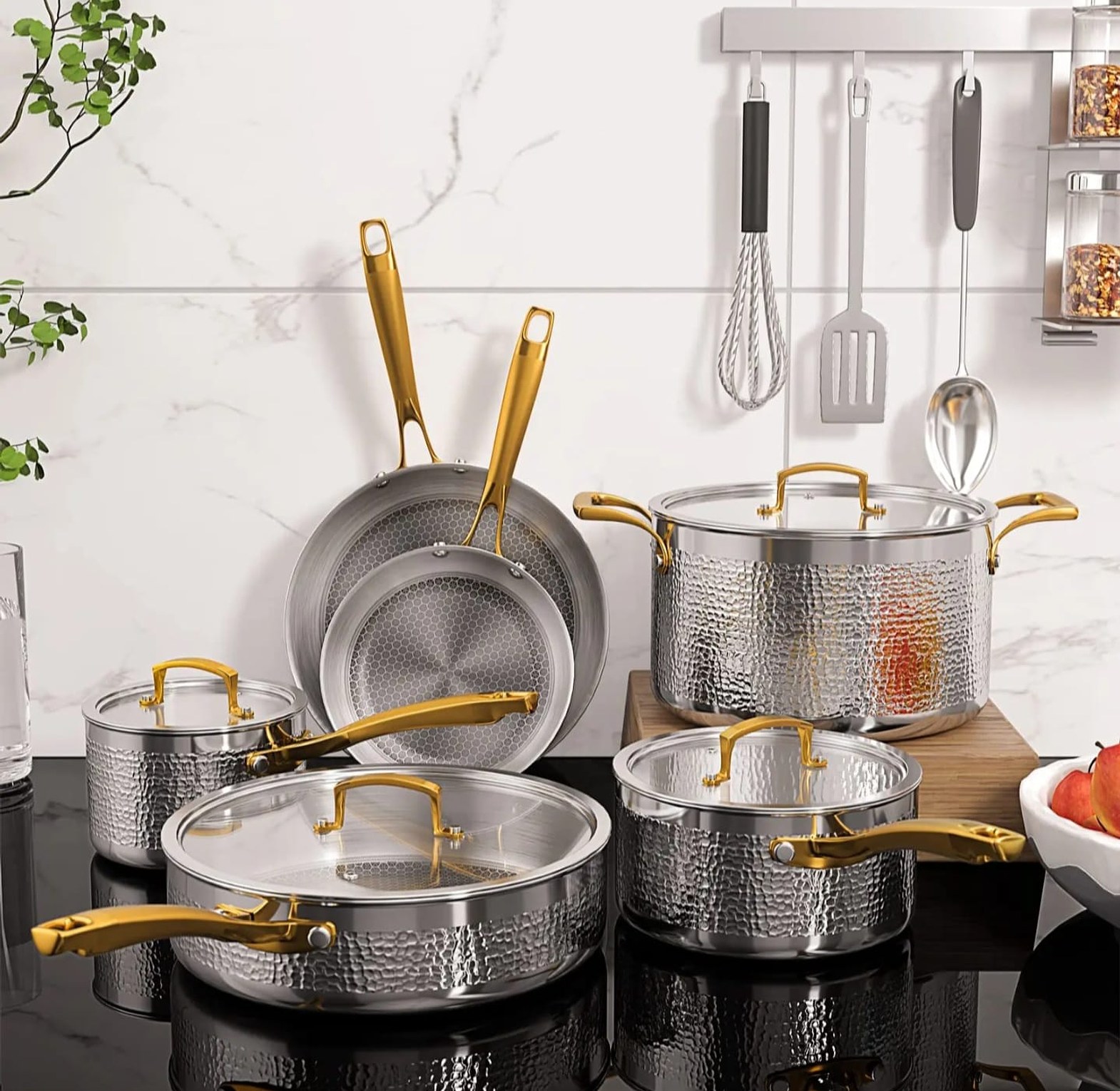 10-Piece Premium Triple-Ply Hammered Stainless Steel Cookware Set with Gold Accents image