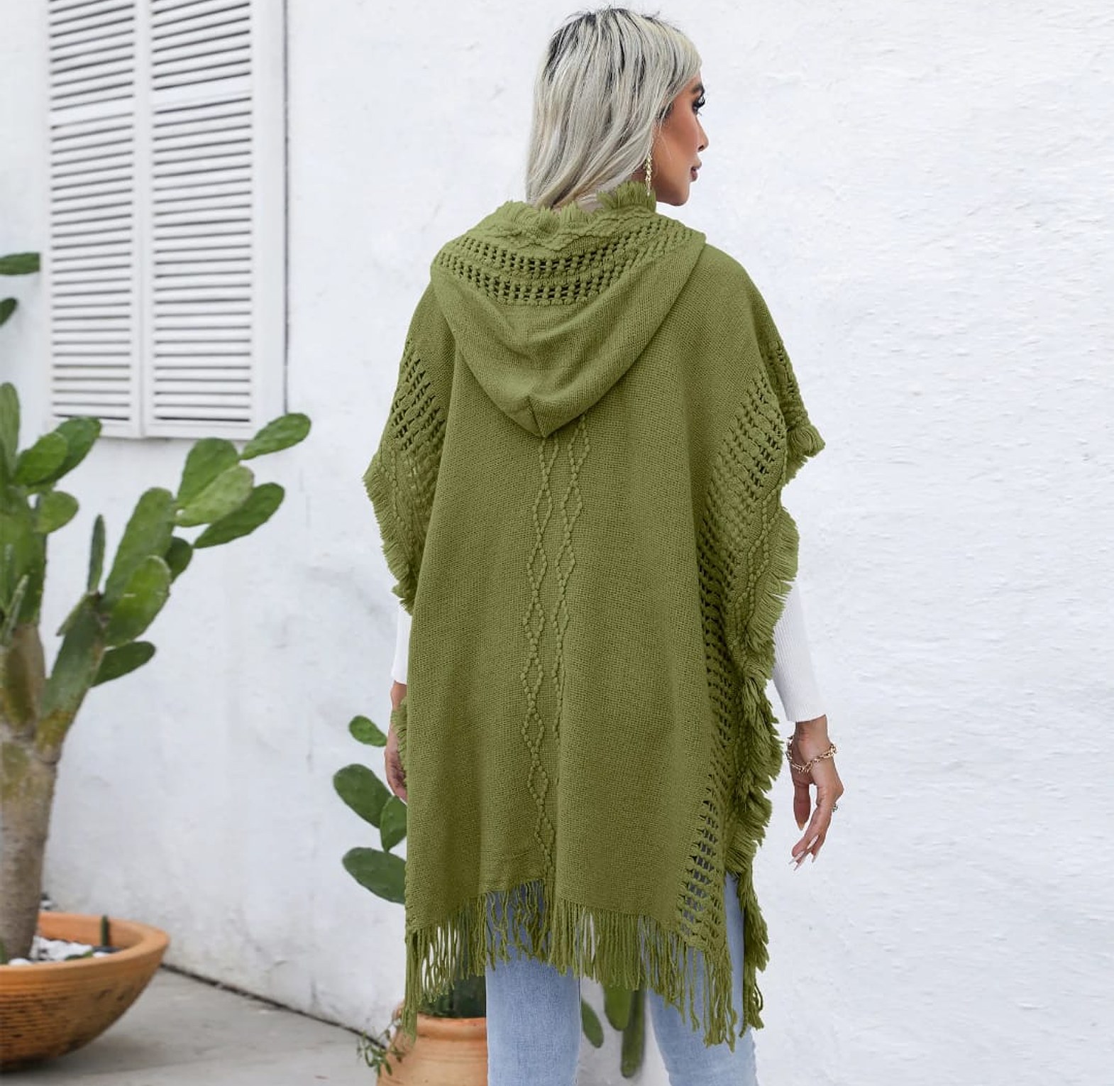 Women Knitted Hooded Shawl Herringbone Pattern  image
