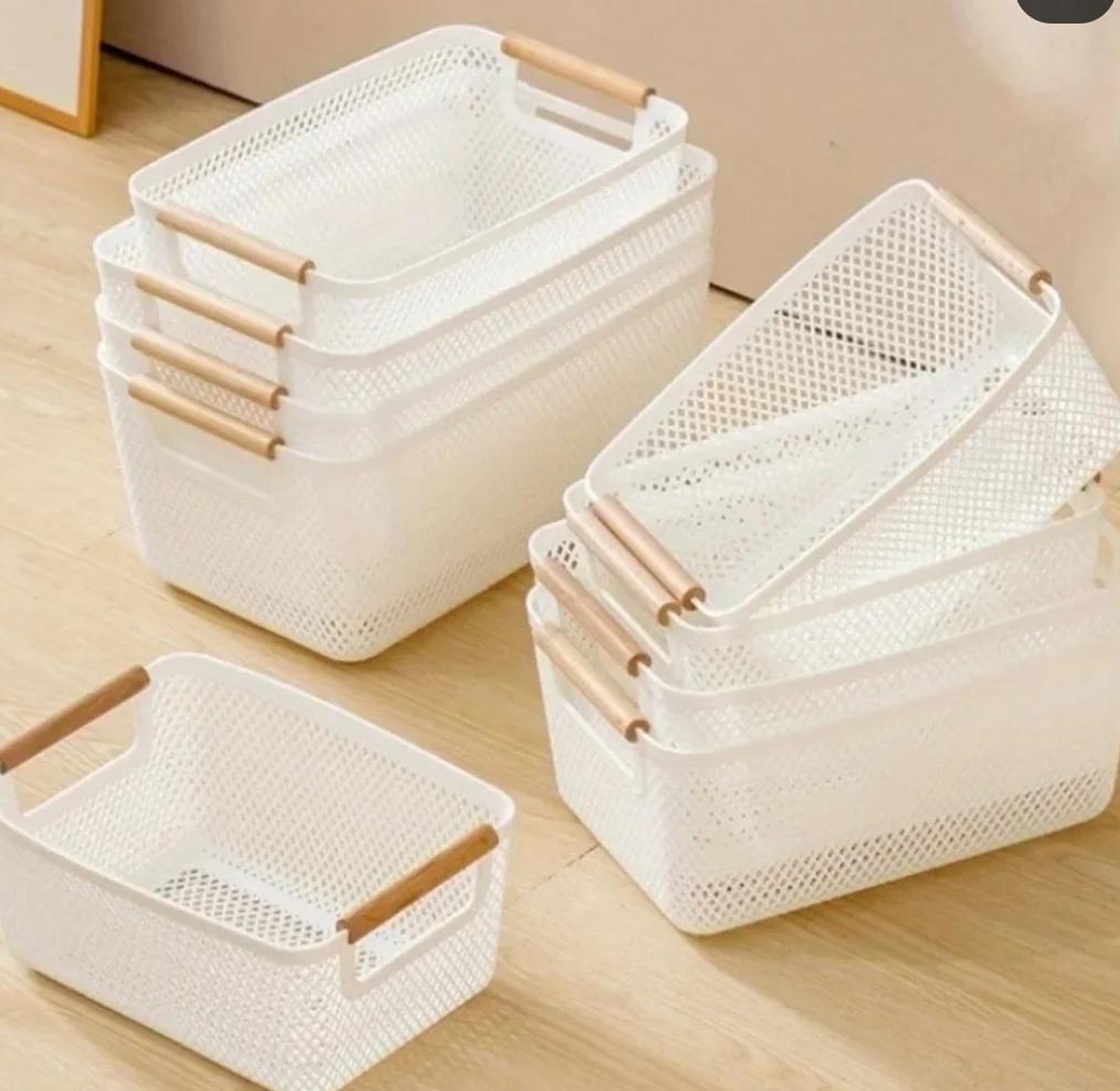 3pcs Mesh Plastic Storage Baskets with bamboo Handles image