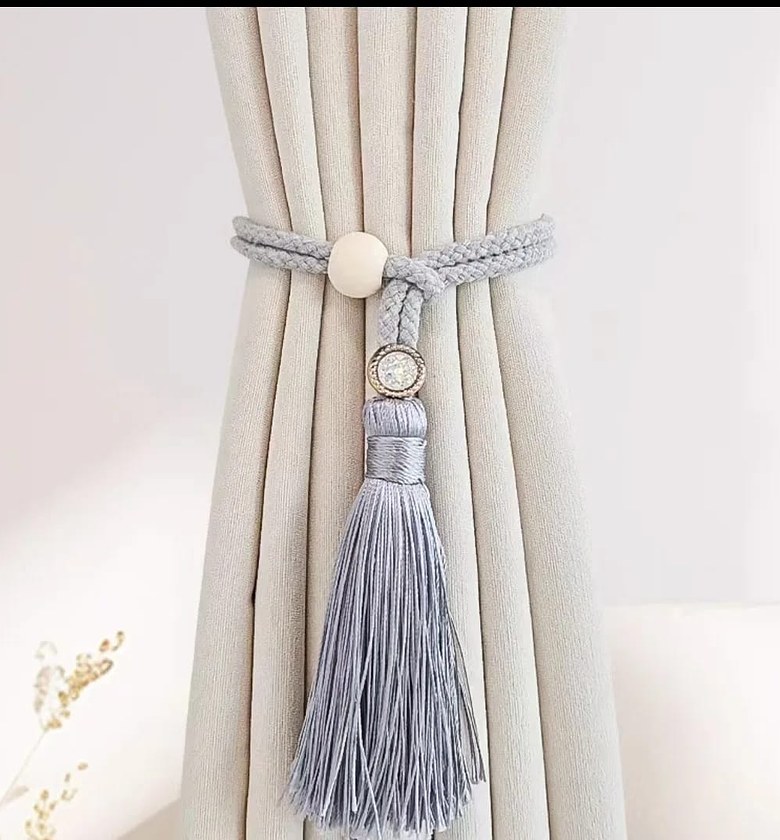 2 Bohemian fashion adjustable cotton cord curtain straps with rhinestone curtain buckles image