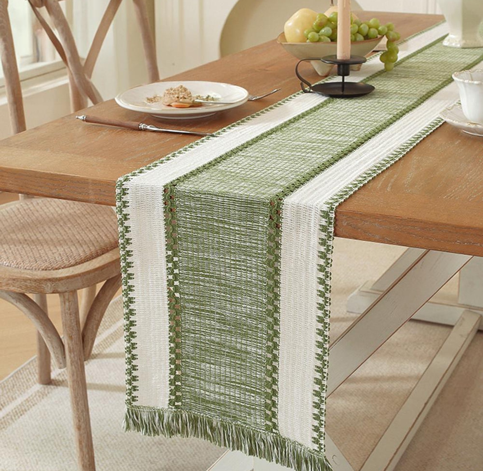 Nordic Boho Striped Table Runner - Hand - Woven Tassels image