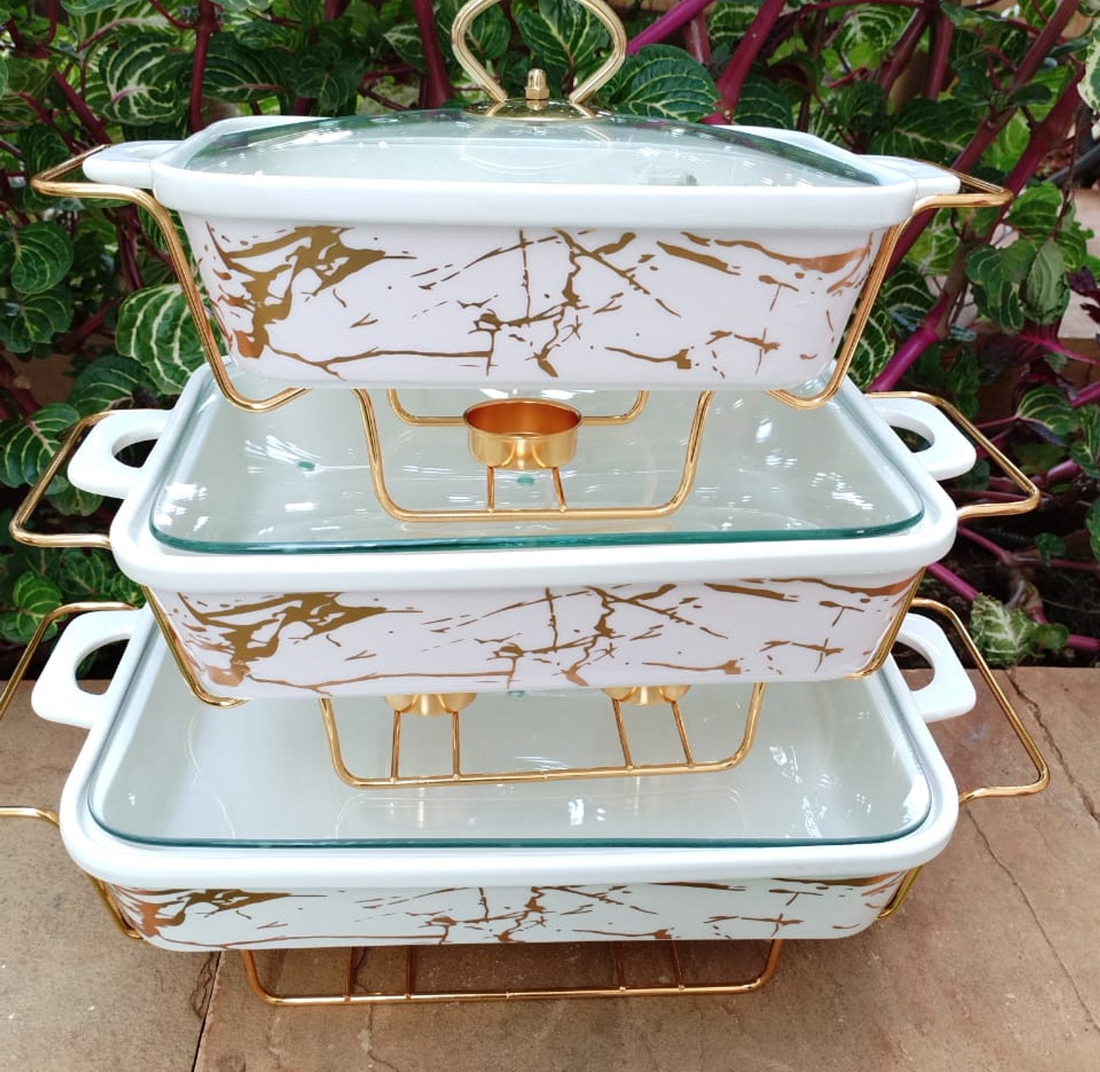 3 Pcs Stylish Serving/Chaffing Dishes With Burner And Lids image