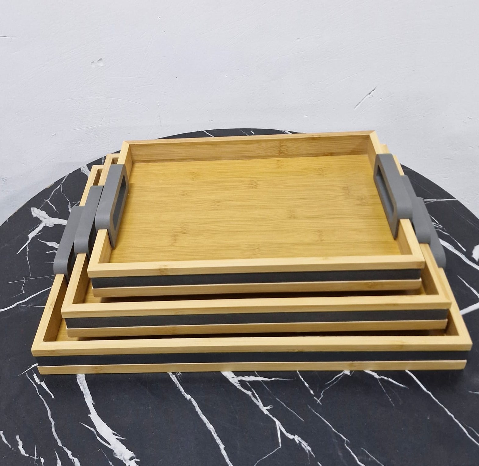3-Piece Bamboo Nesting Serving Trays with Grey Handles image