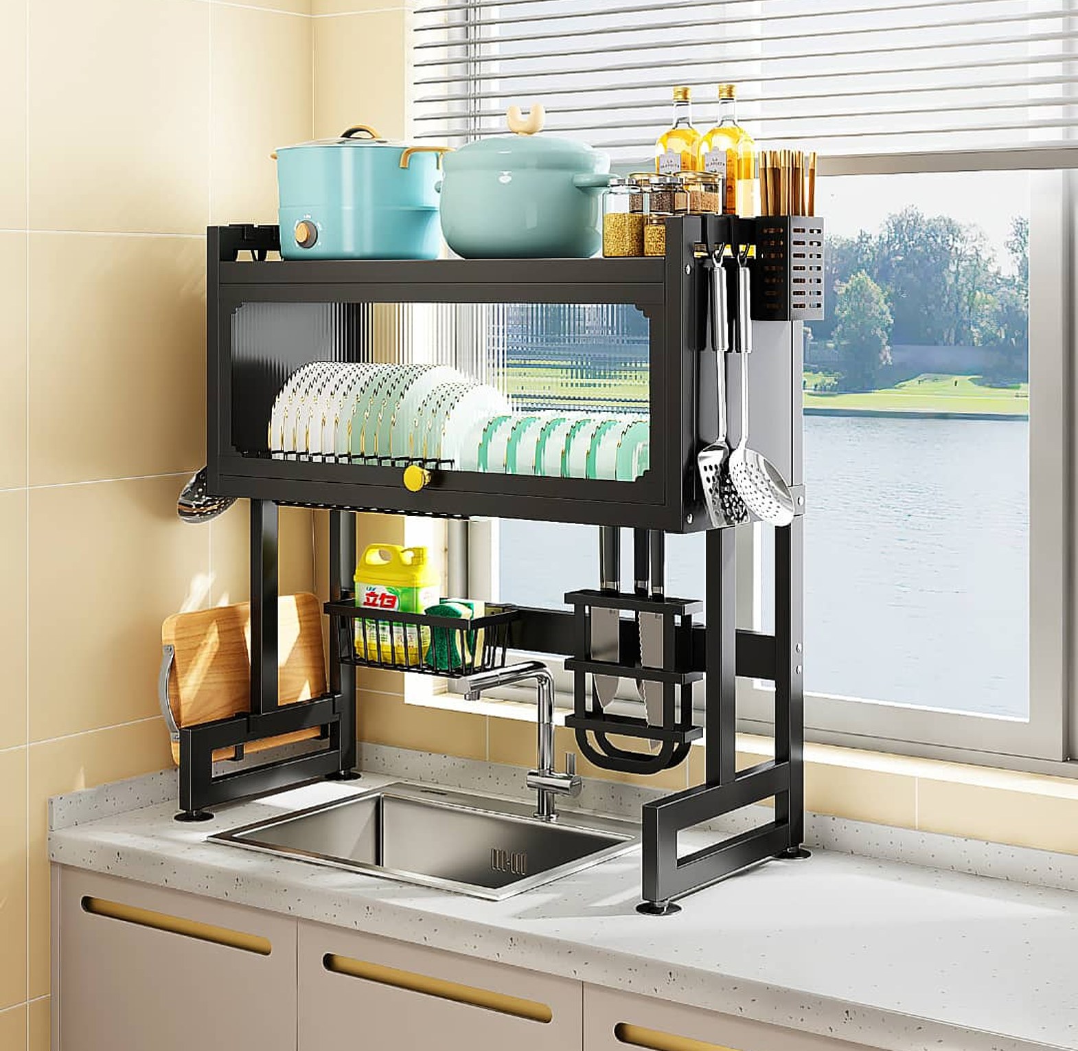 Dish Rack. Double Over The Sink Rack With Glass Lid  image