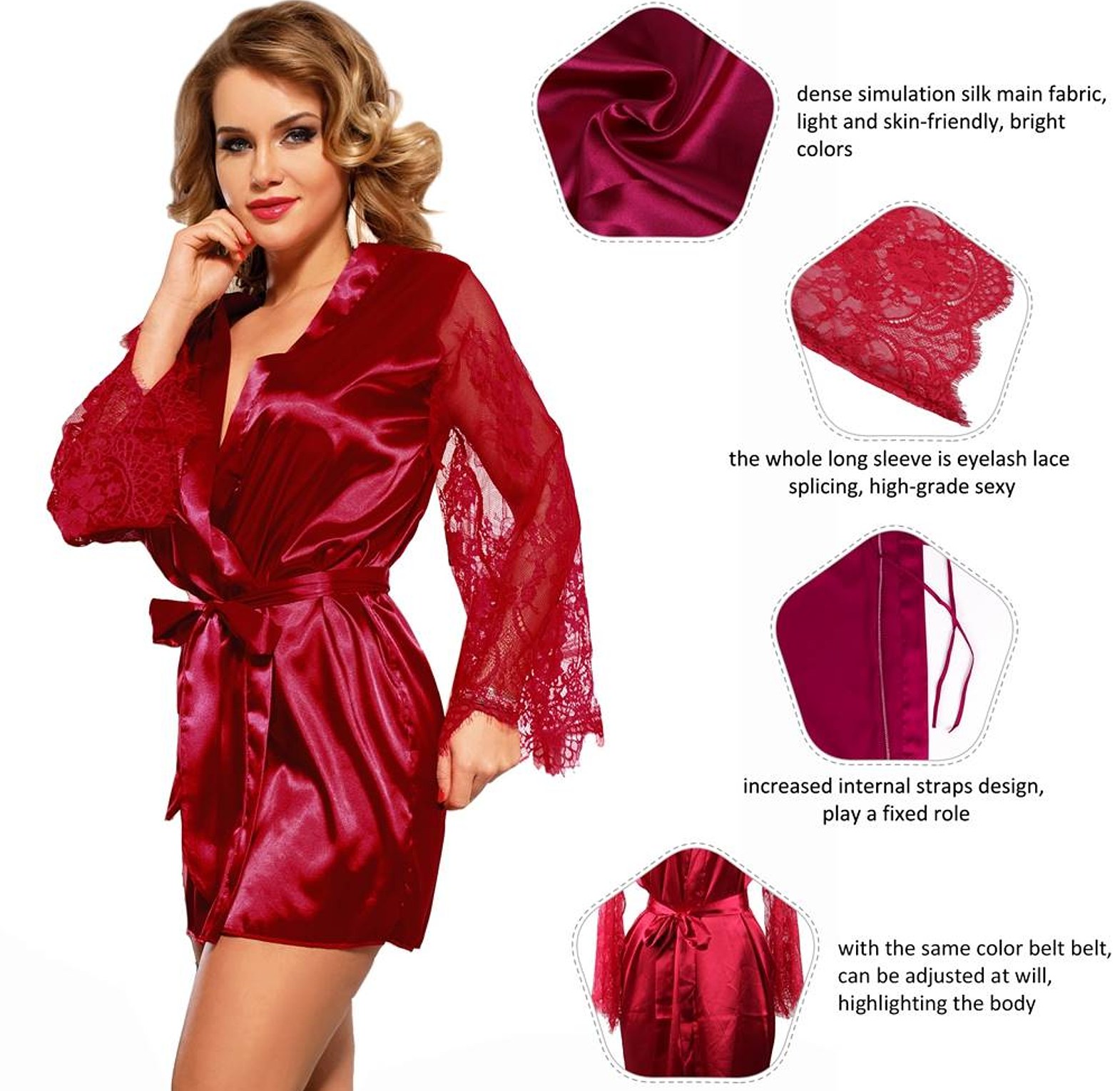 Eyelash Lace Sleepwear Silk Long Sleeves Loungewear Dress with G String  image
