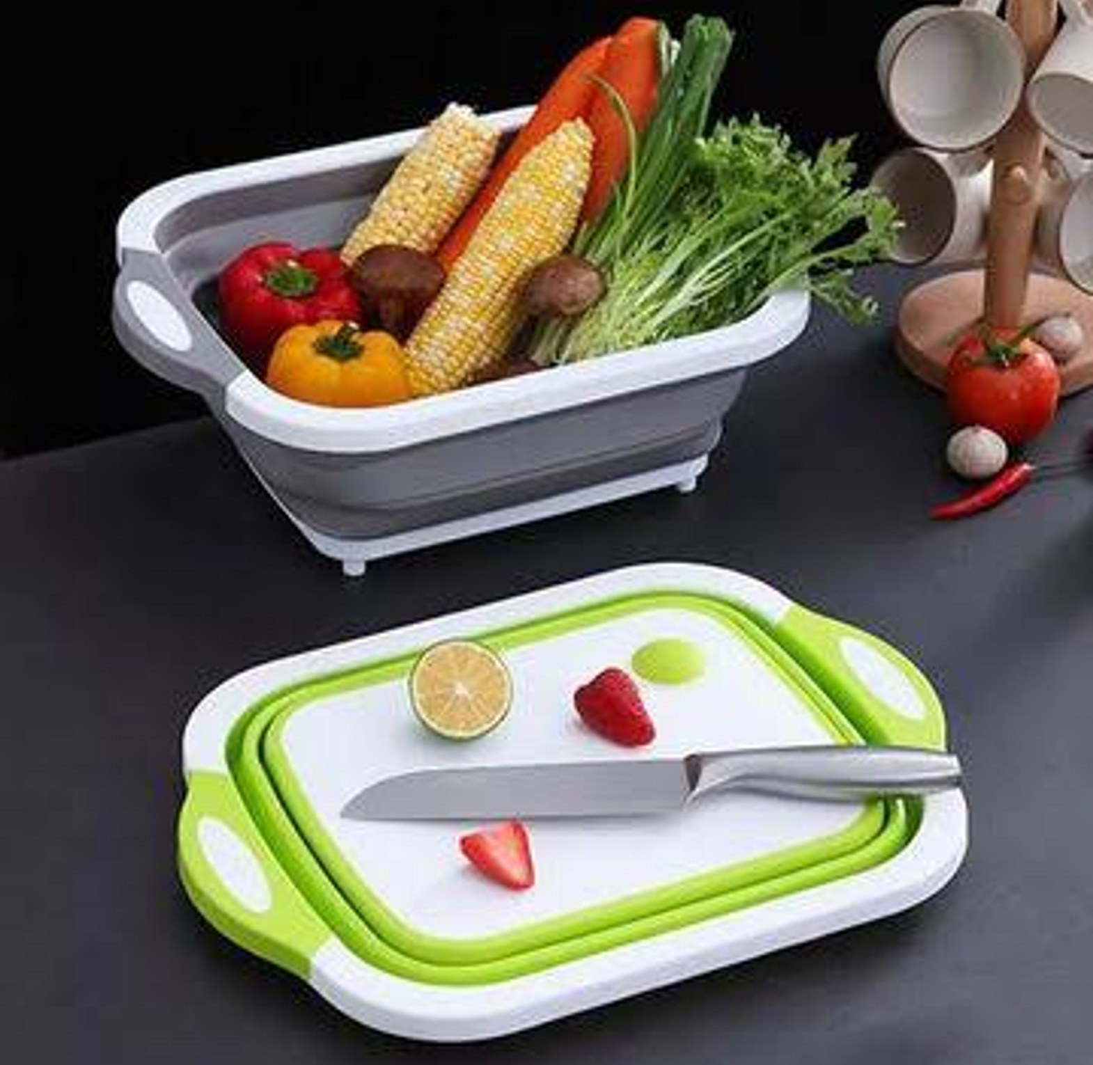 CHOPPING BOARD. High Quality Foldable Collapsible Dual-purpose Chopping Board Home Use Vegetable Washing Basin Slicing Board Hanging Basin Foldable Draining Basket image