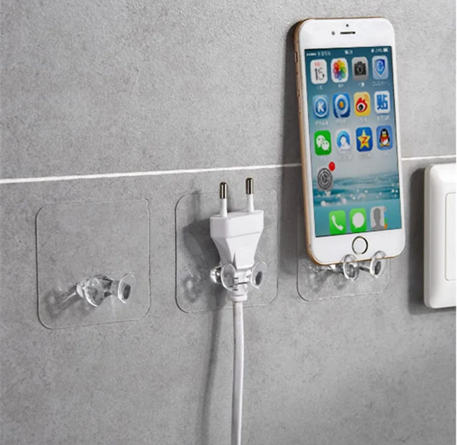 10Pcs Self Adhesive Wall Hooks and Phone Charging Stand transparent Plug Holder Cable Organizer Pack for Damage Free Home Storage image