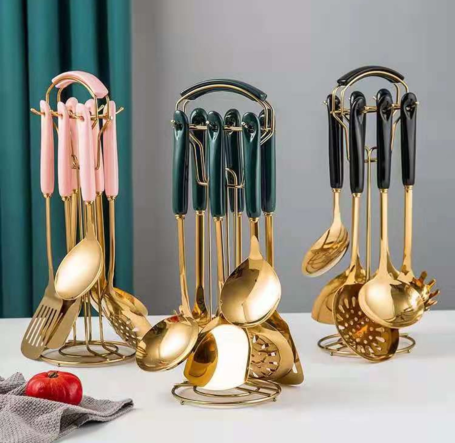 6pcs Golden Serving Spoons Plus Cutlery Set Stand image