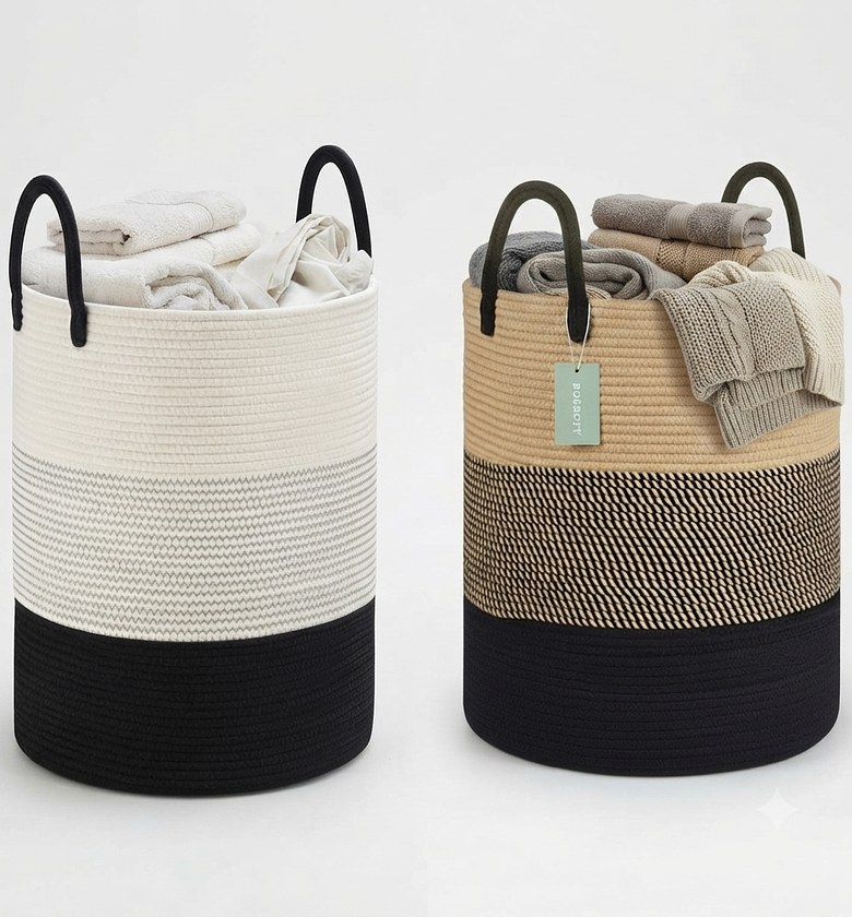 Large Woven Laundry Basket 58L Cotton Rope Storage Organizer for Bedroom and Living Room image
