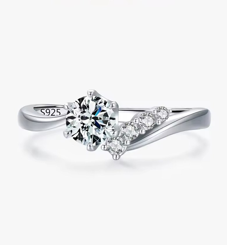 Asymmetrical six claw, minimalist cubic zirconia, sterling silver engagement/promise ring  image