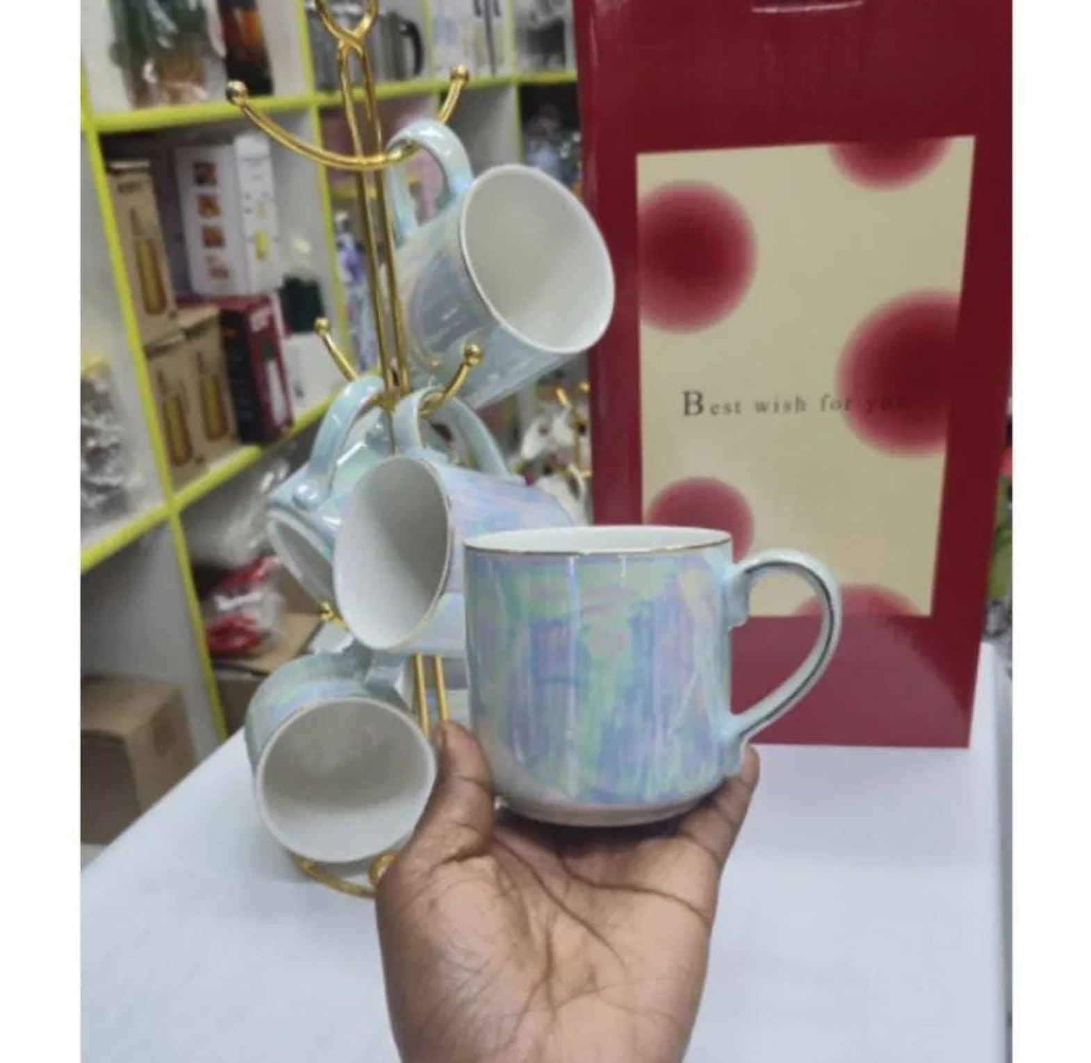 Gold rimmed ceramic mugs with gold stand 6pcs image