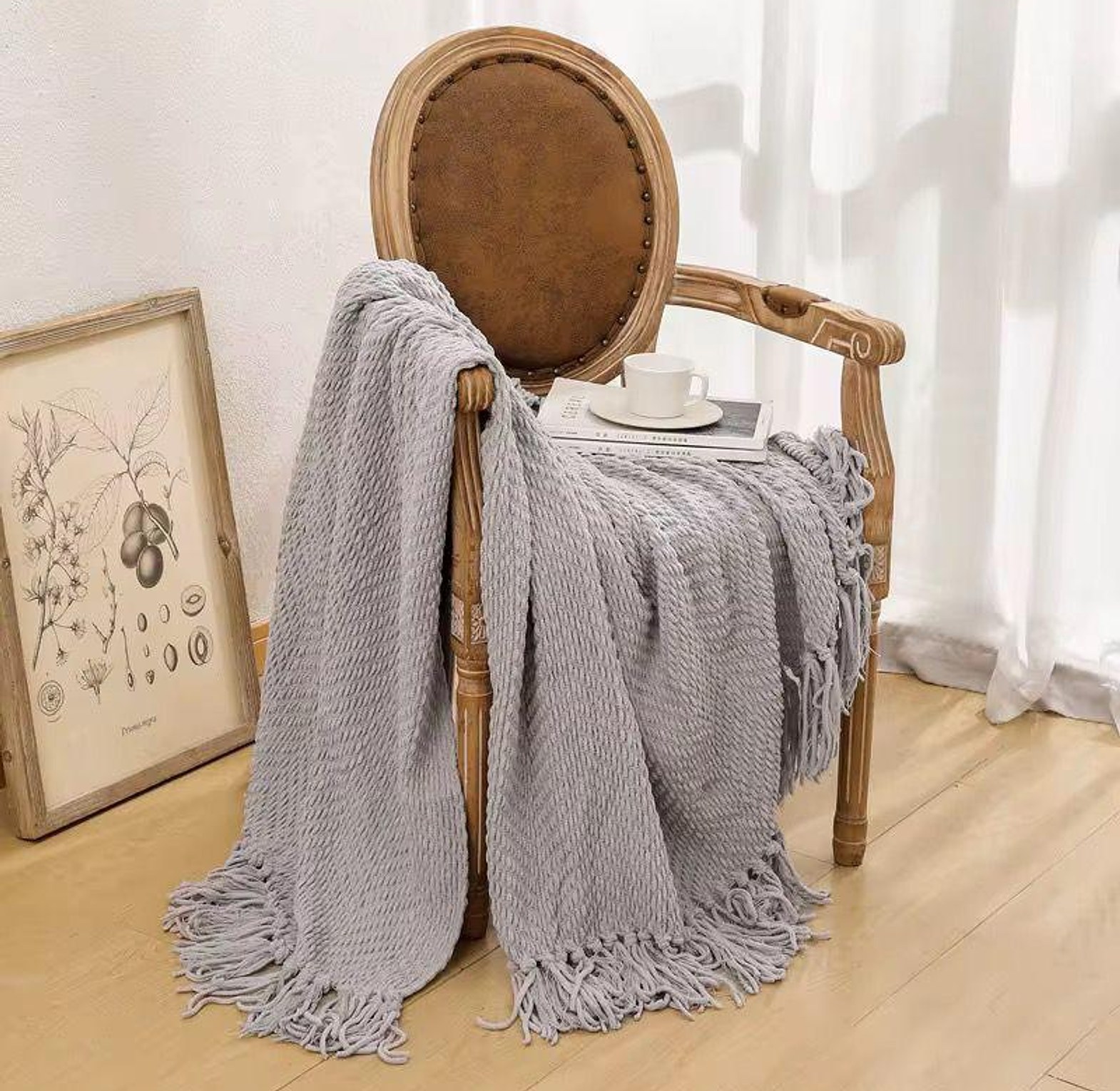 Textured knitted heavy throw blanket with tassels                                                                                    image