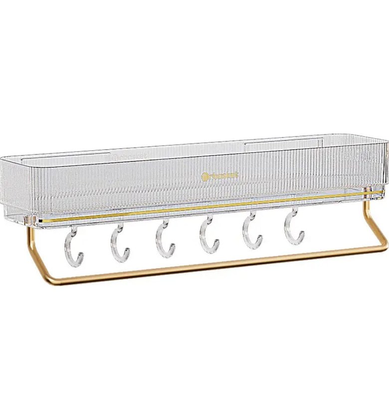 Wall Mounted Bathroom Wall Shelf with Towel Bar and 6 Hooks image