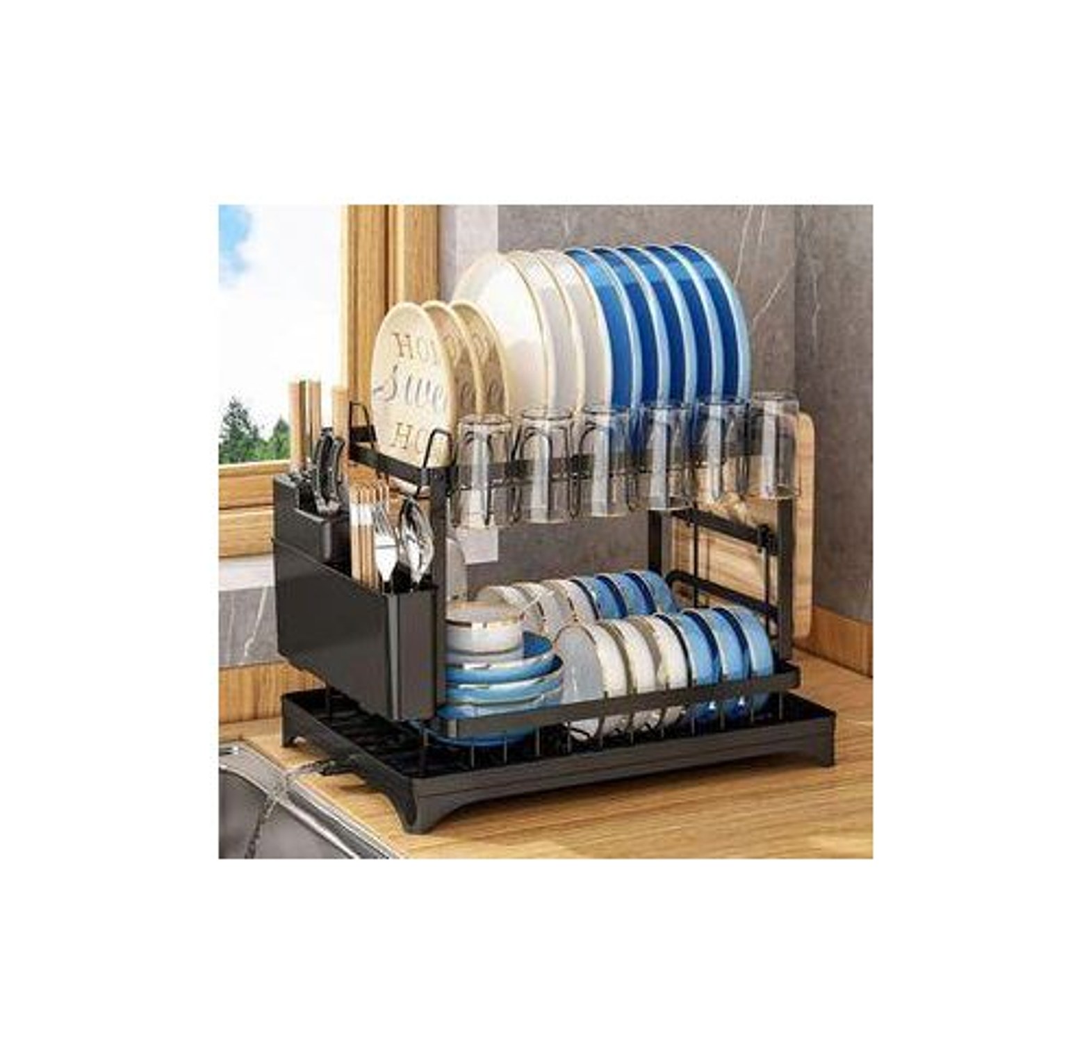 Dish Rack. Advanced 2-Tier Black Dishrack – Large Capacity Dish Drainer with Cup Holder & Utensil Rack image