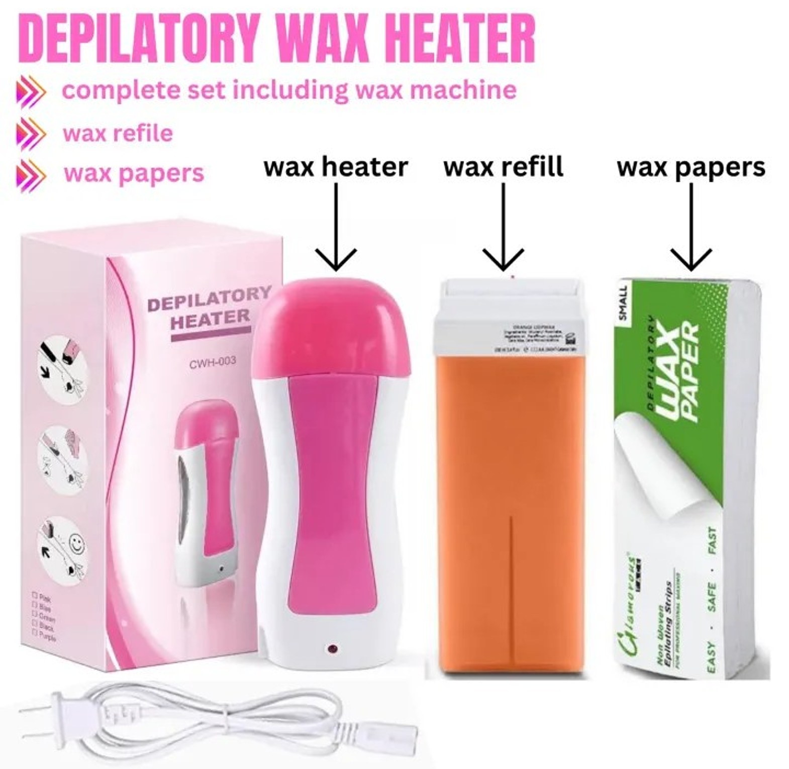 3-in-1 Roll On Waxing Kit Hair Removal Wax Warmer Heater & 100 Pcs Strips image