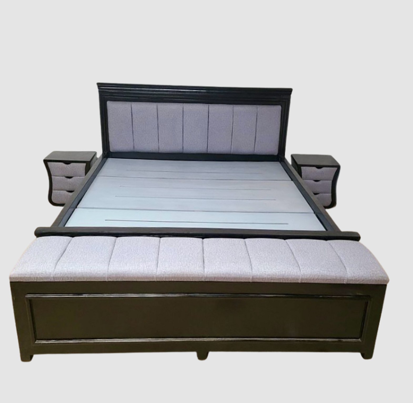 Dark Wood Bed with Integrated Storage Bench image