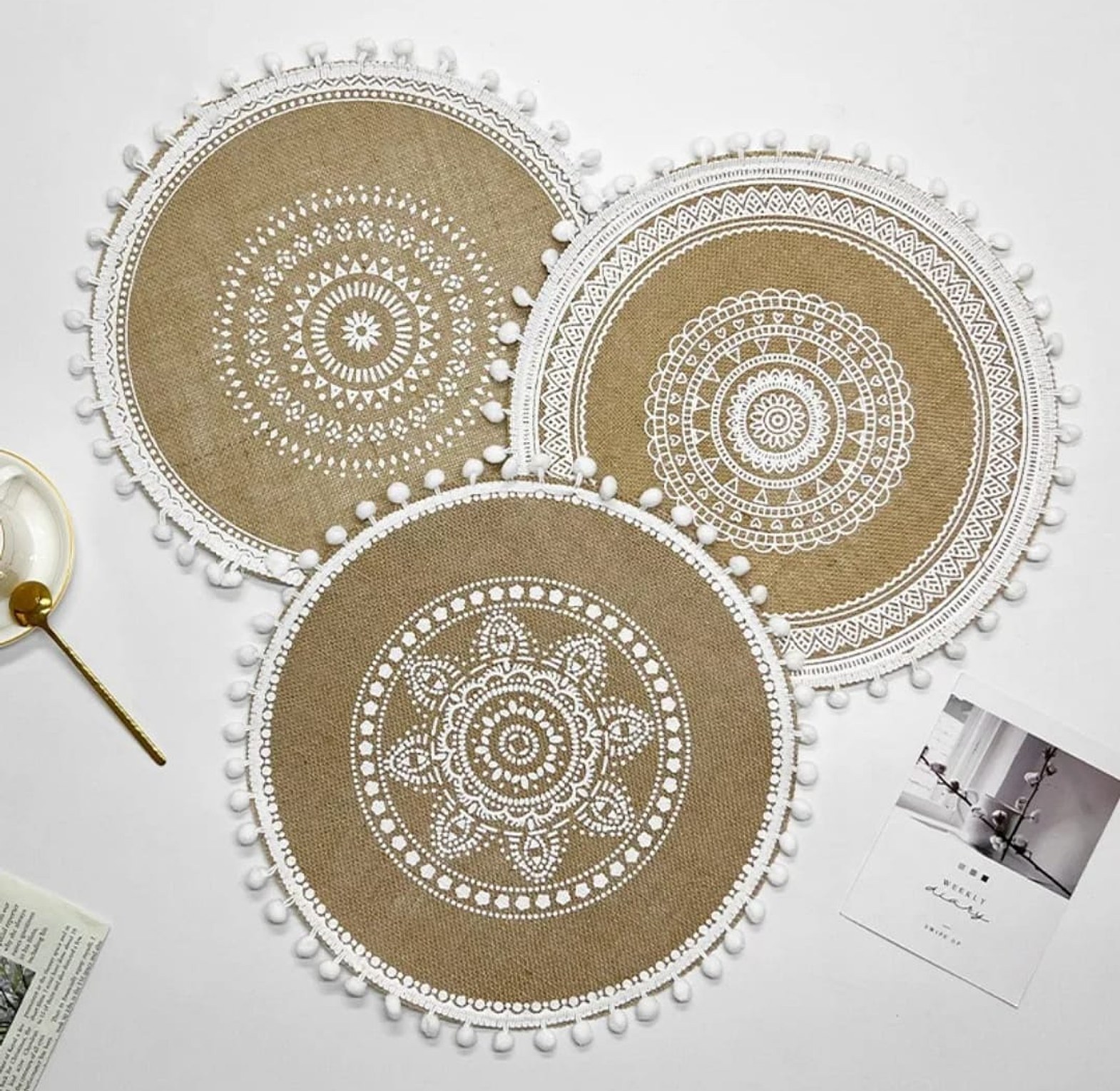 New Boho Woven Jute Placemats Tassels Mats  image