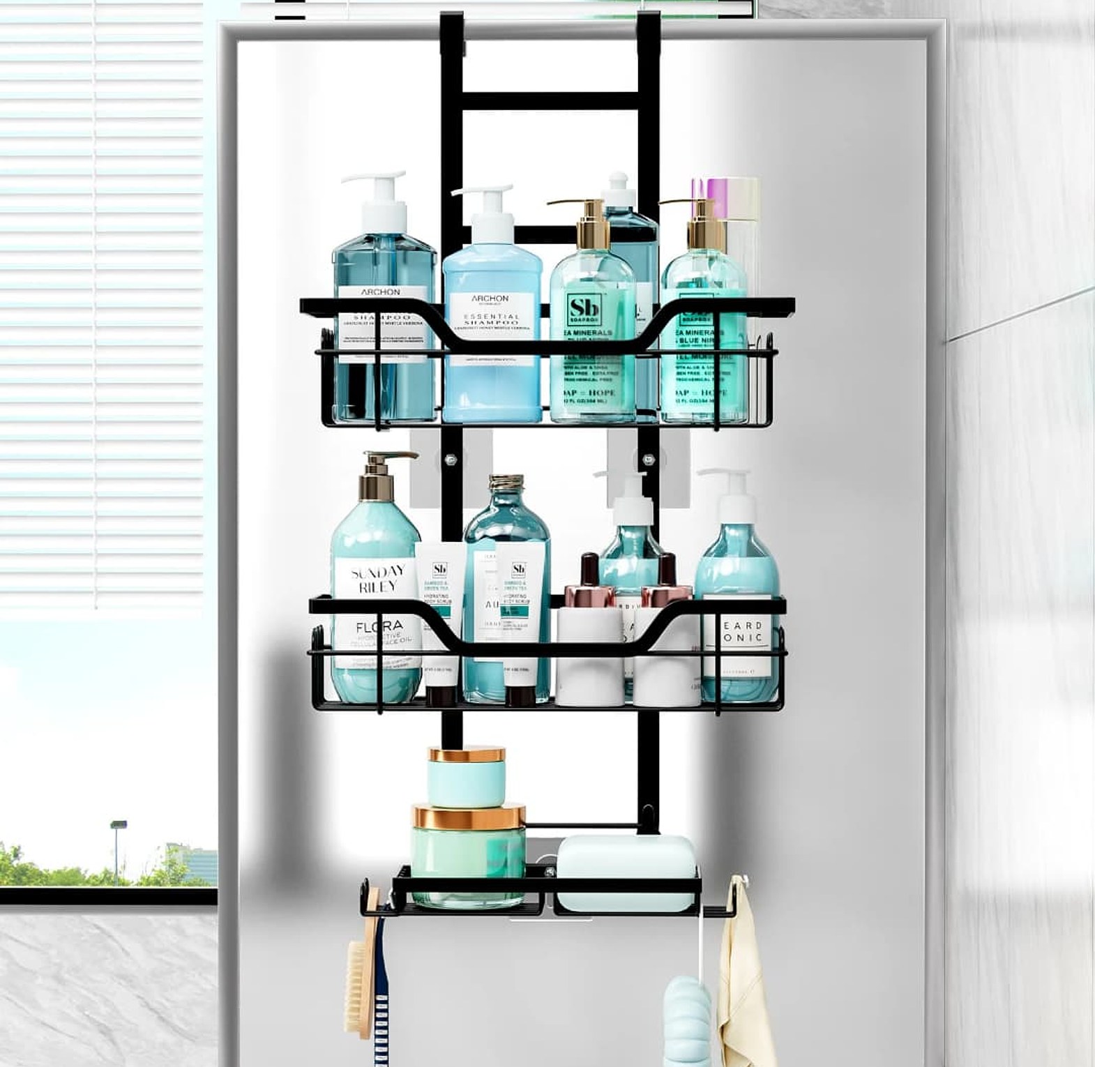 Drill-Free Bathroom Shelf Over Door Hanging Organizer  image