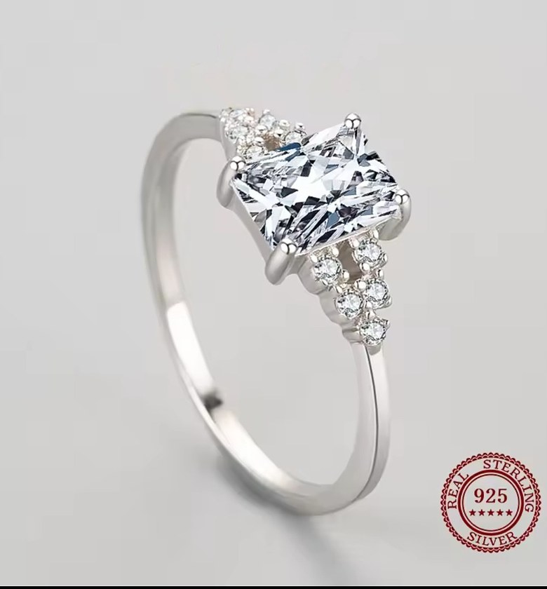 Rectangle cubic zirconia sterling silver engagement/promise ring  image