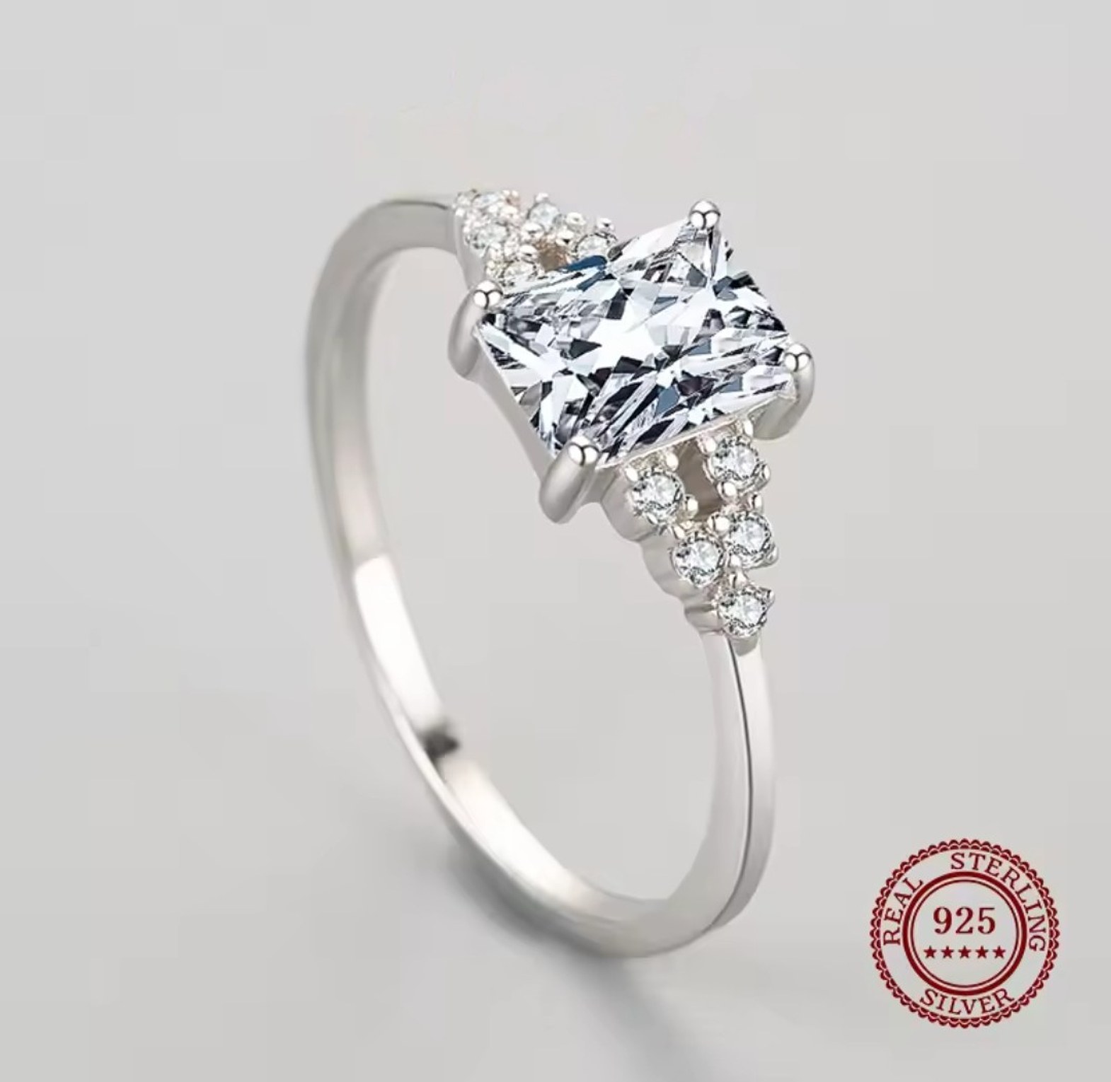 Rectangle cubic zirconia sterling silver engagement/promise ring  image