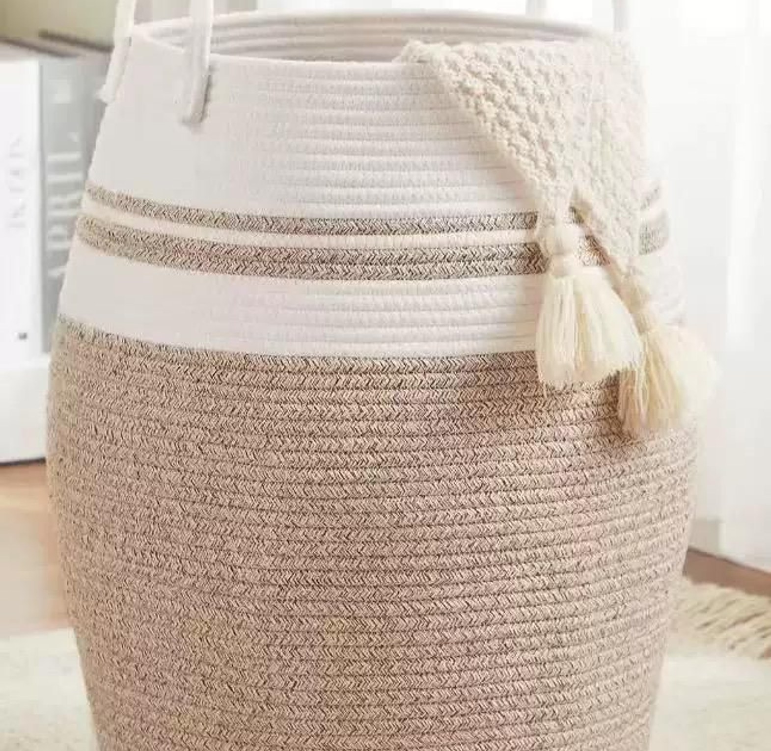 Large 65L Cotton Rope Decorative Woven Basket with Extended Handles image