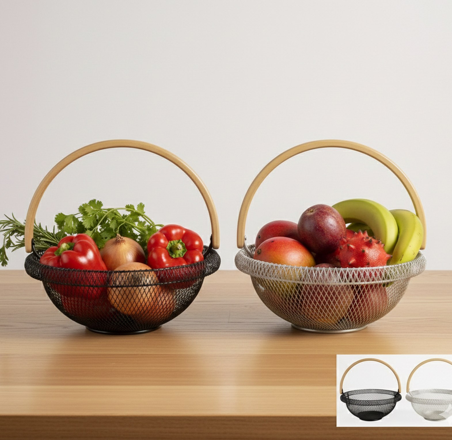 29cm Metal Mesh Fruit Basket with Bamboo Handle – Breathable Kitchen Countertop Organizer & Decorative Centerpiece Bowl image