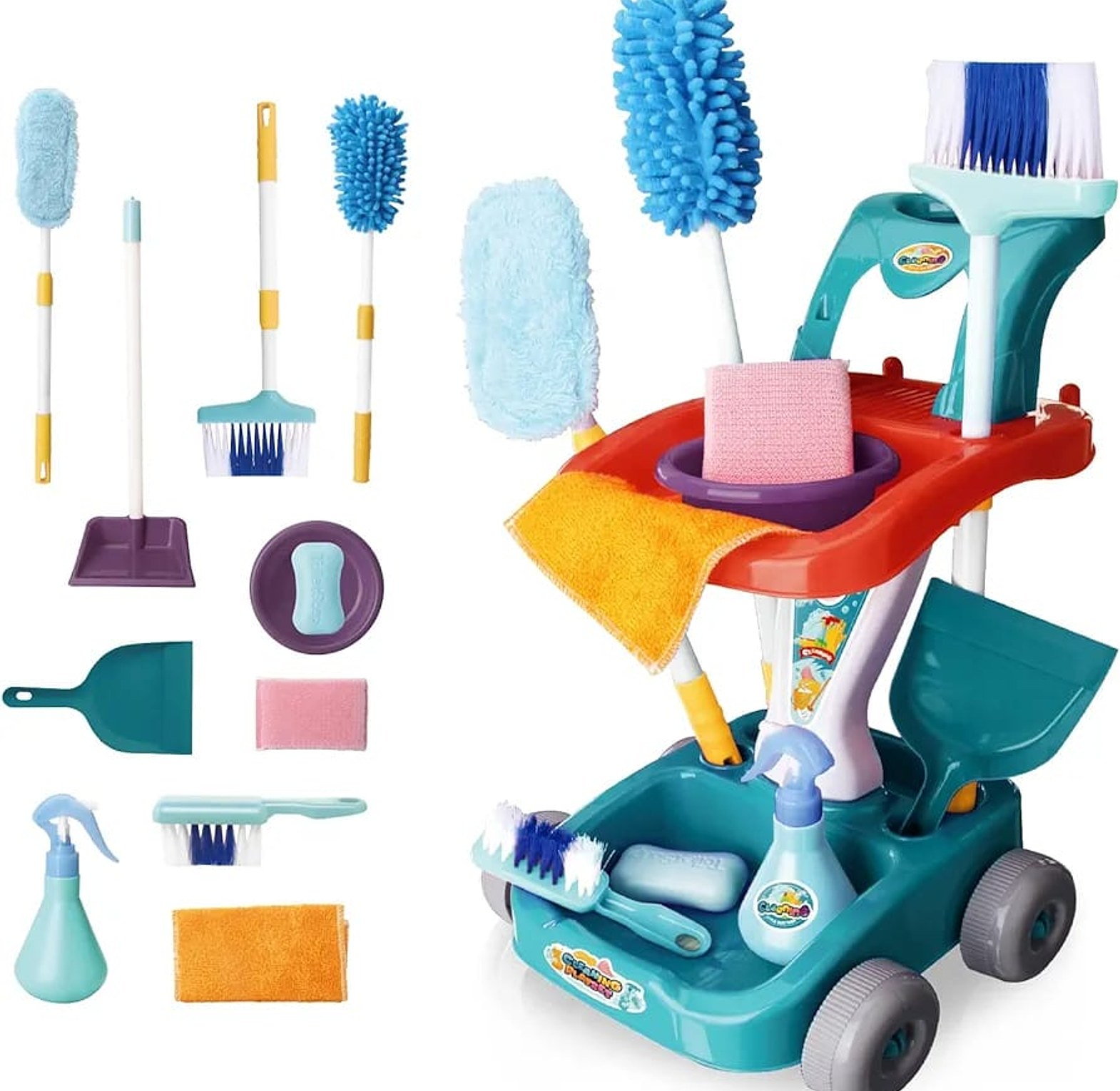 Cleaning cart set. Includes a broom, dustpan, mop, mop bucket, cleaning brush, and more Making It Fun For Kids To Play image