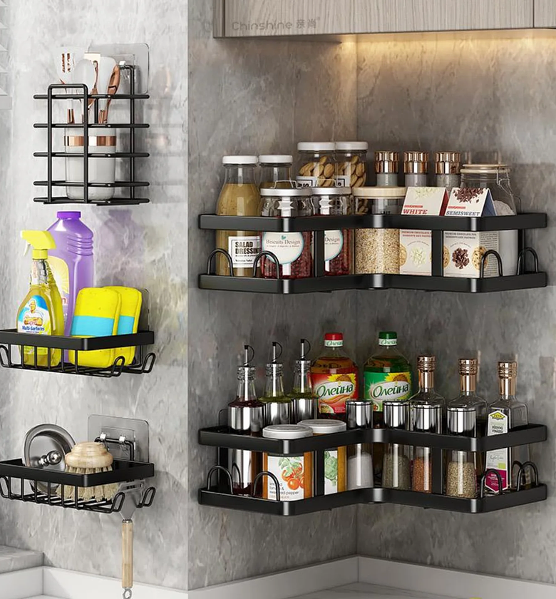 Multipurpose 5-Piece Black Triangular & Rectangular No-Drill Wall Organizer Set image