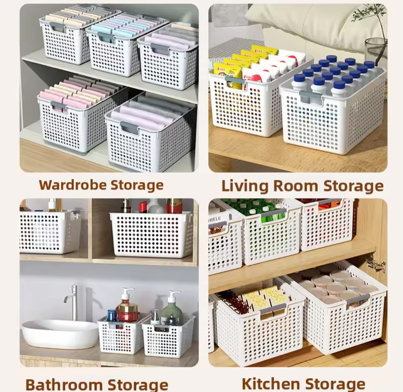 Plastic Storage Baskets Multi-Purpose Wardrobe Kitchen Bathroom Organizer Bins - White (30.5x21.5x17.5cm) image