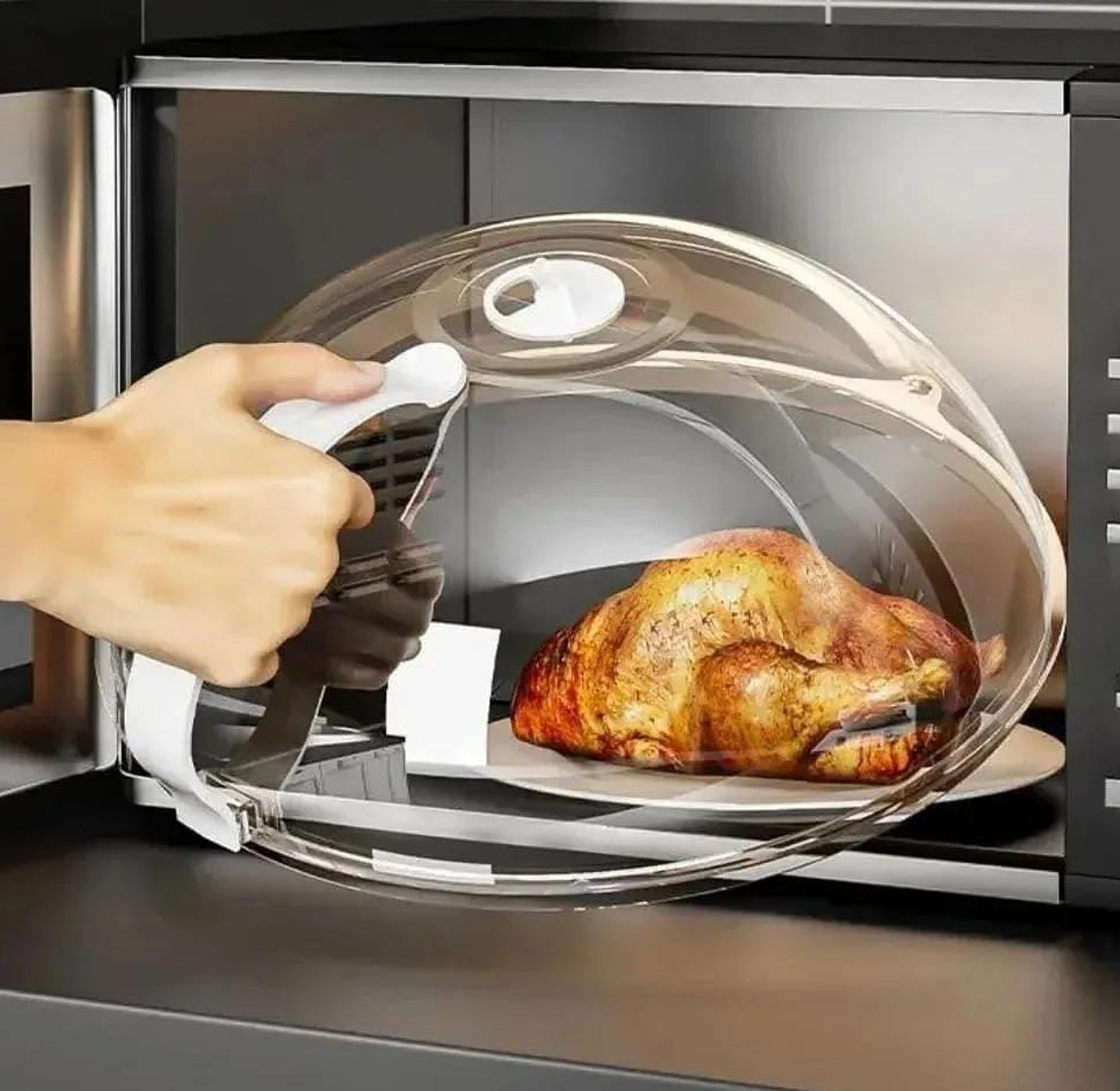 Microwave food  cover with white handle image