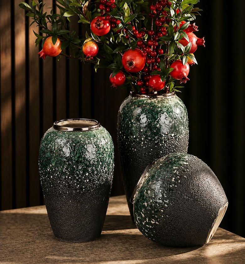 Dark Green & Gold Accent Decorative Vase Set image