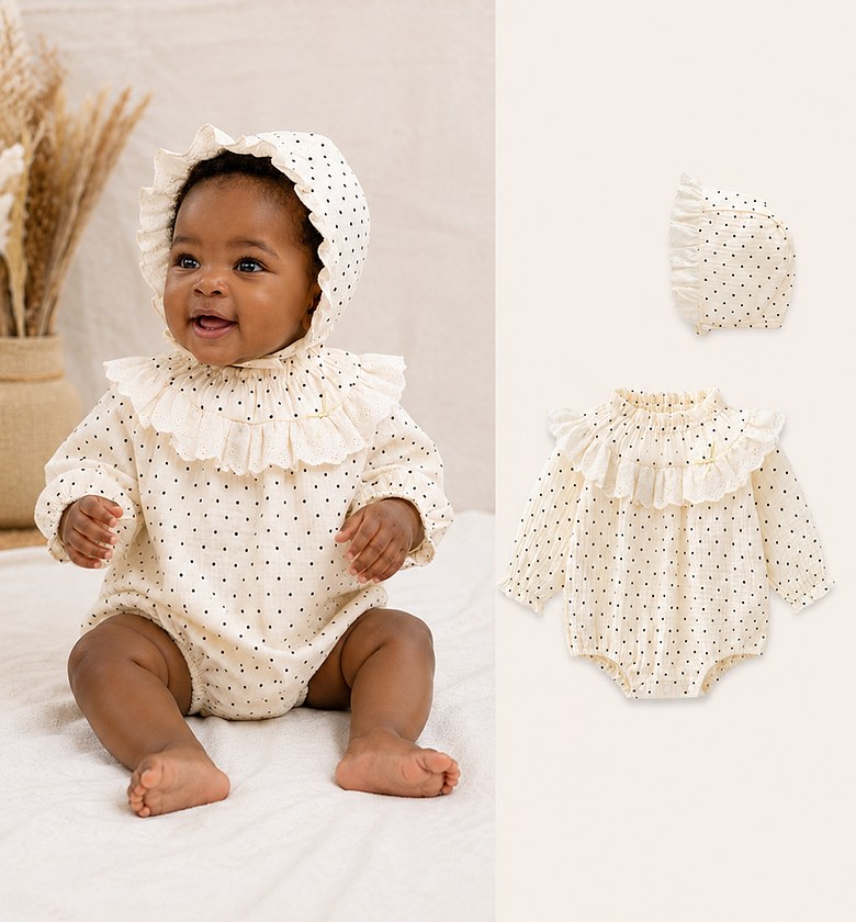 Polka Dots Muslin Romper Set with Hat image