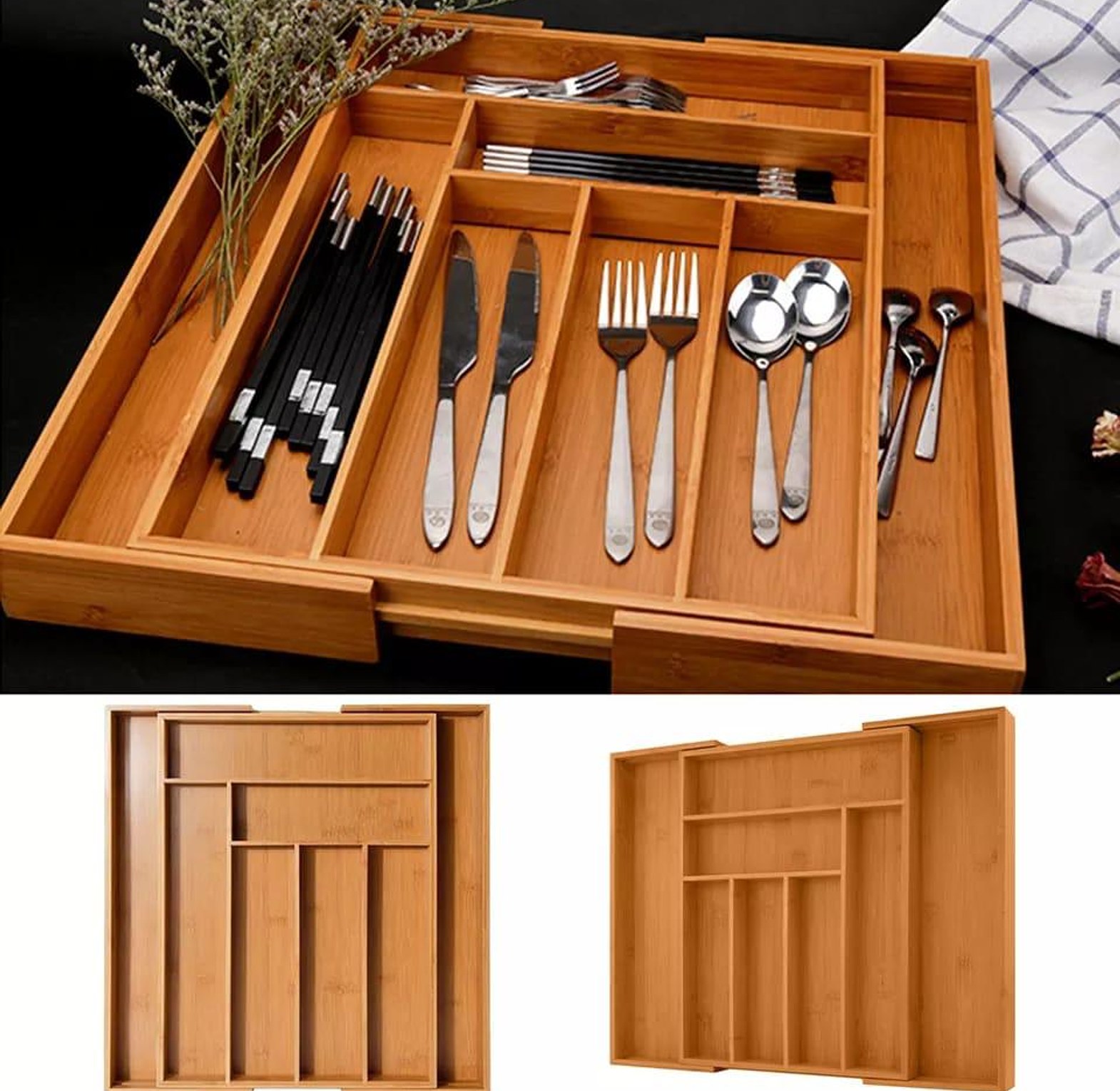 Premium Expandable Bamboo Cutlery Drawer Organizer image