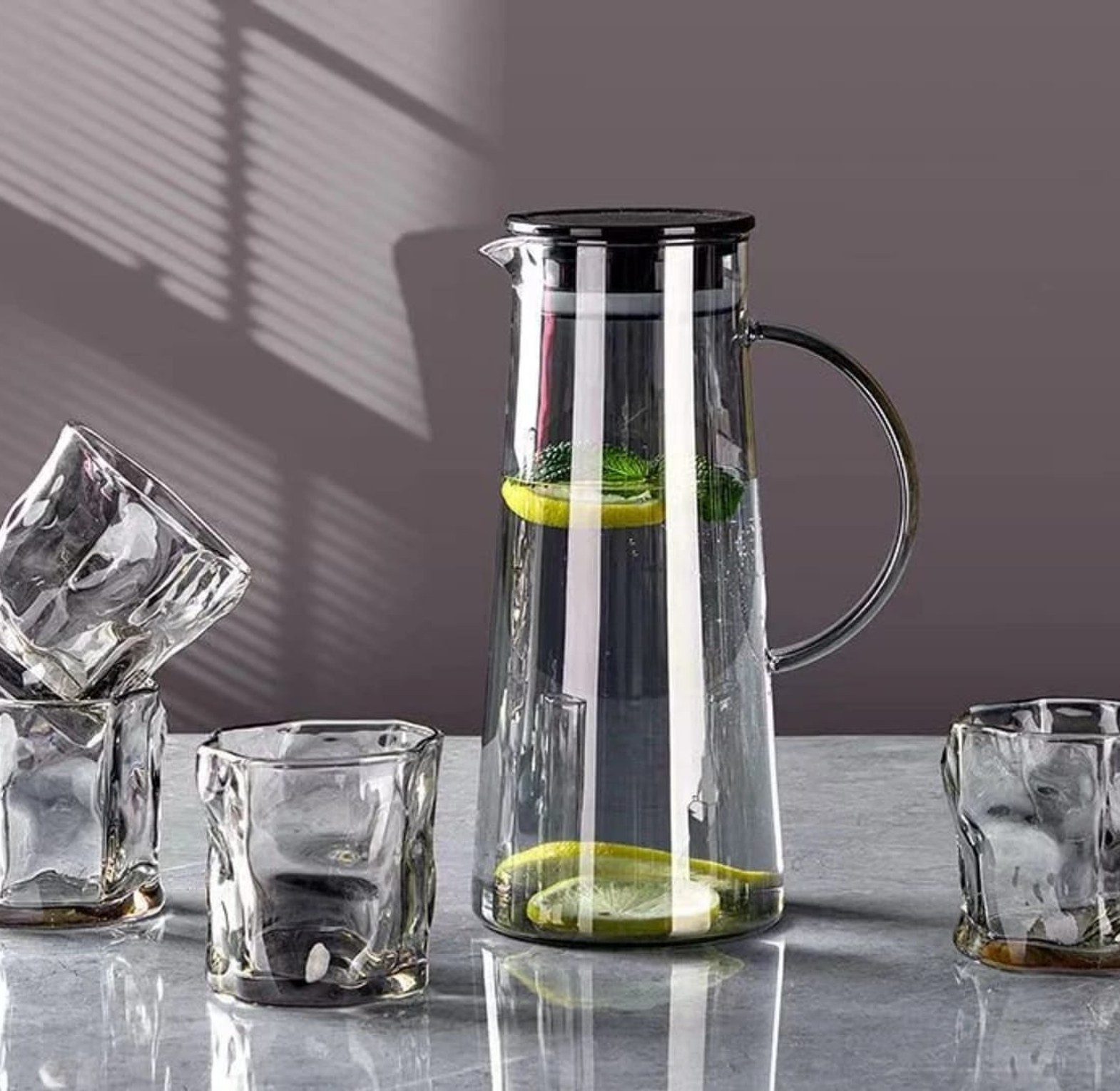1500ml Glass Water Pitcher With Lid and 4pc Water Glasses image