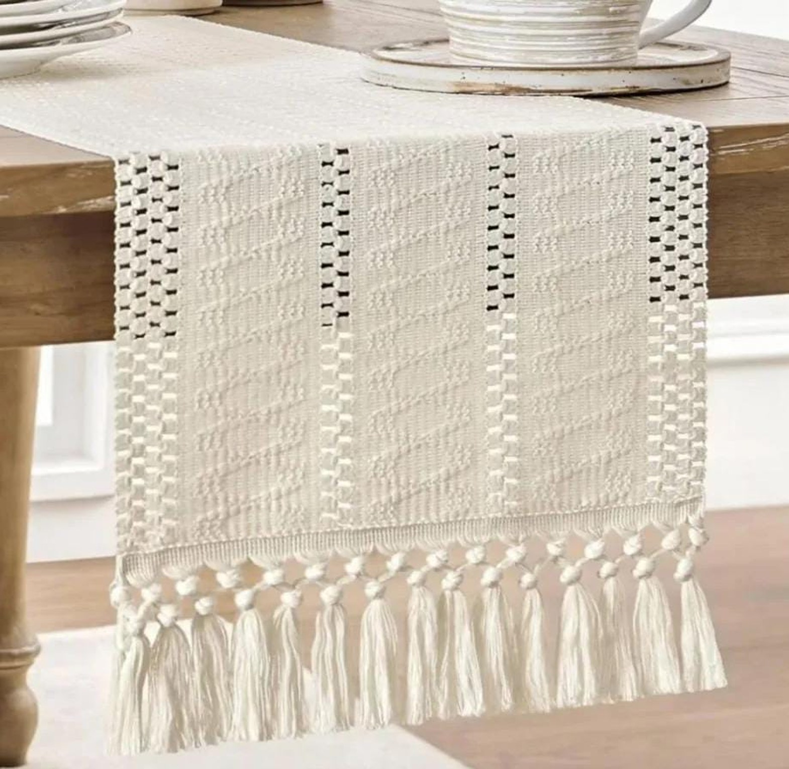 Boho woven table runner/bed runner with tassels (30×240 cm) image