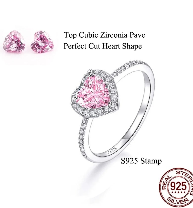 Pink Heart Romantic Engagement Proposal Promise Sterling Silver Ring image