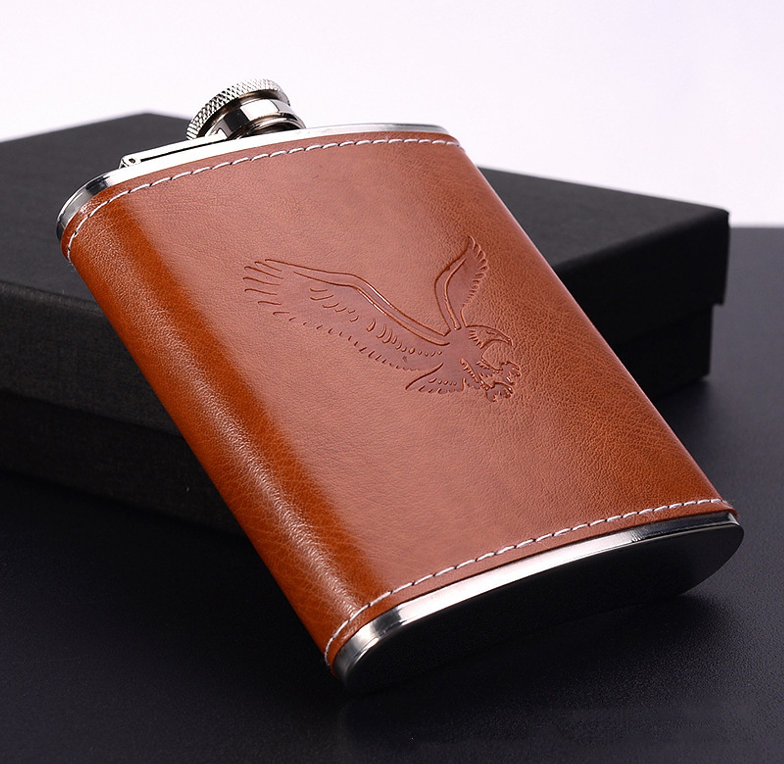 Whiskey Hip Flask Leather Set With Funnel and Tot Cups image