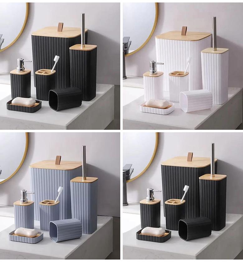 6-in-1 Bathroom Accessories Set with Wooden Top image
